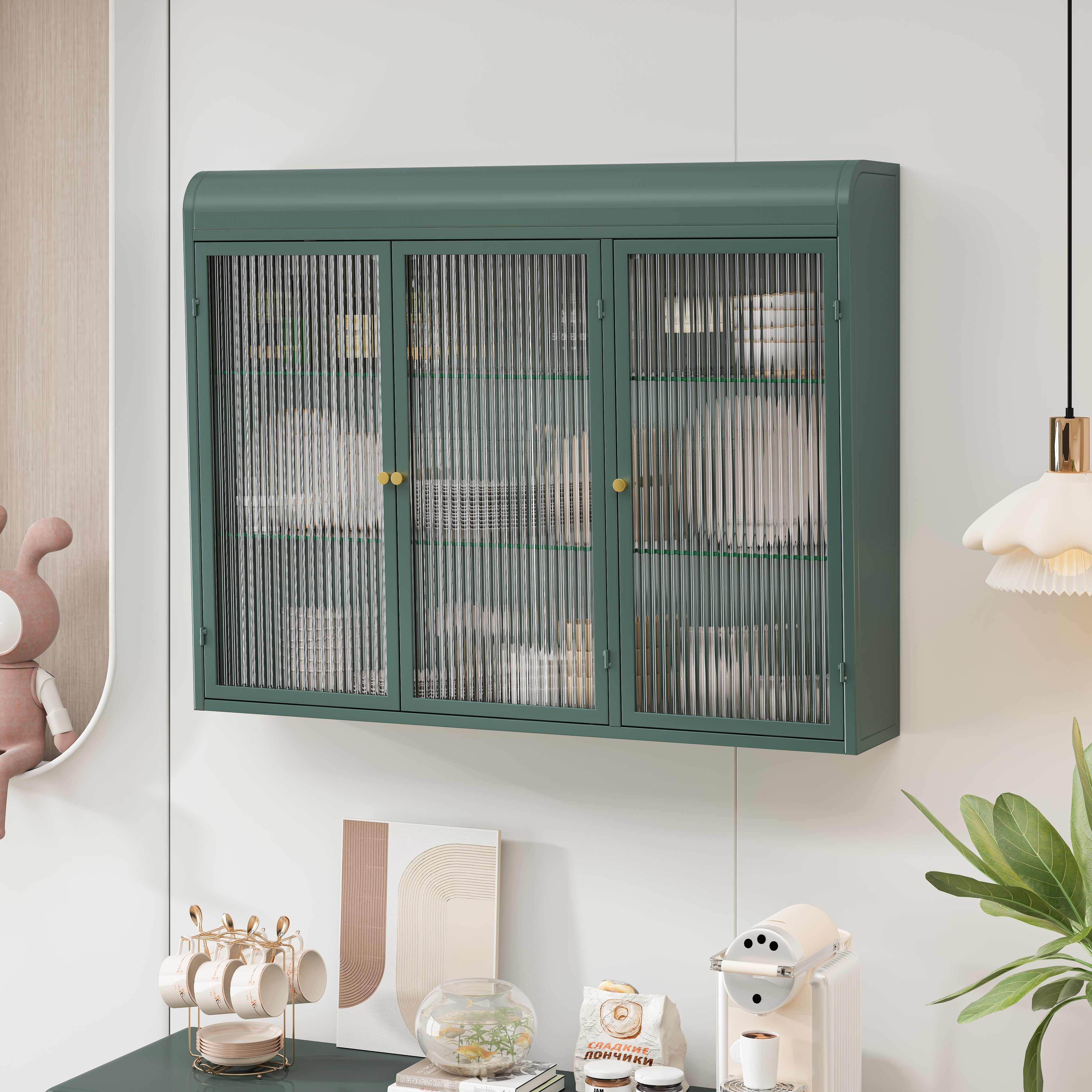 Logidon driedeurs gebogen glazen wandvitrine donkergroen