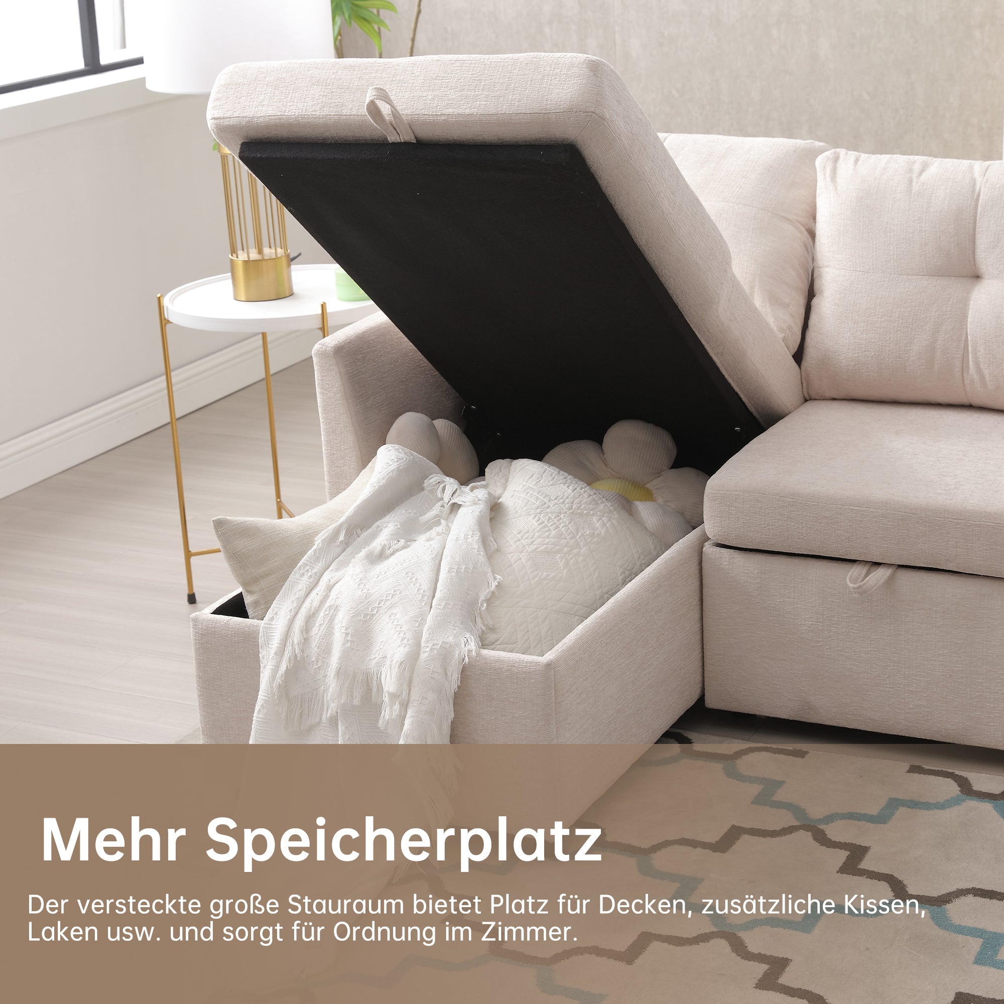Logidon sofa bed with storage space and pull-out bed beige velvet cover