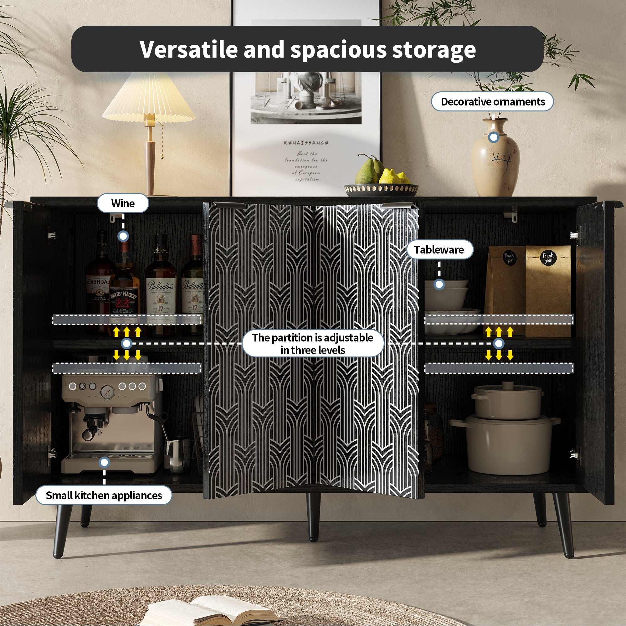 Logidon eetkamerkast 120x35x78 cm zwart met visgraatmotief