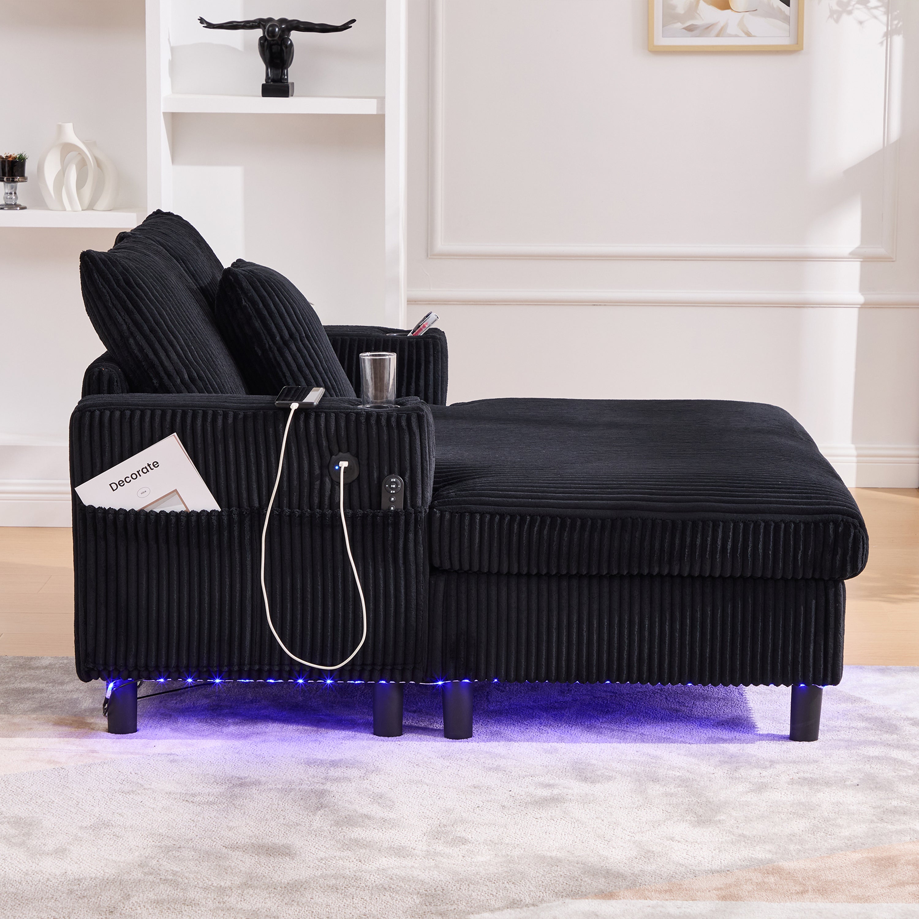 Logidon Velvet Chaise Longue Zwart met USB-oplaadpunten en LED-verlichting