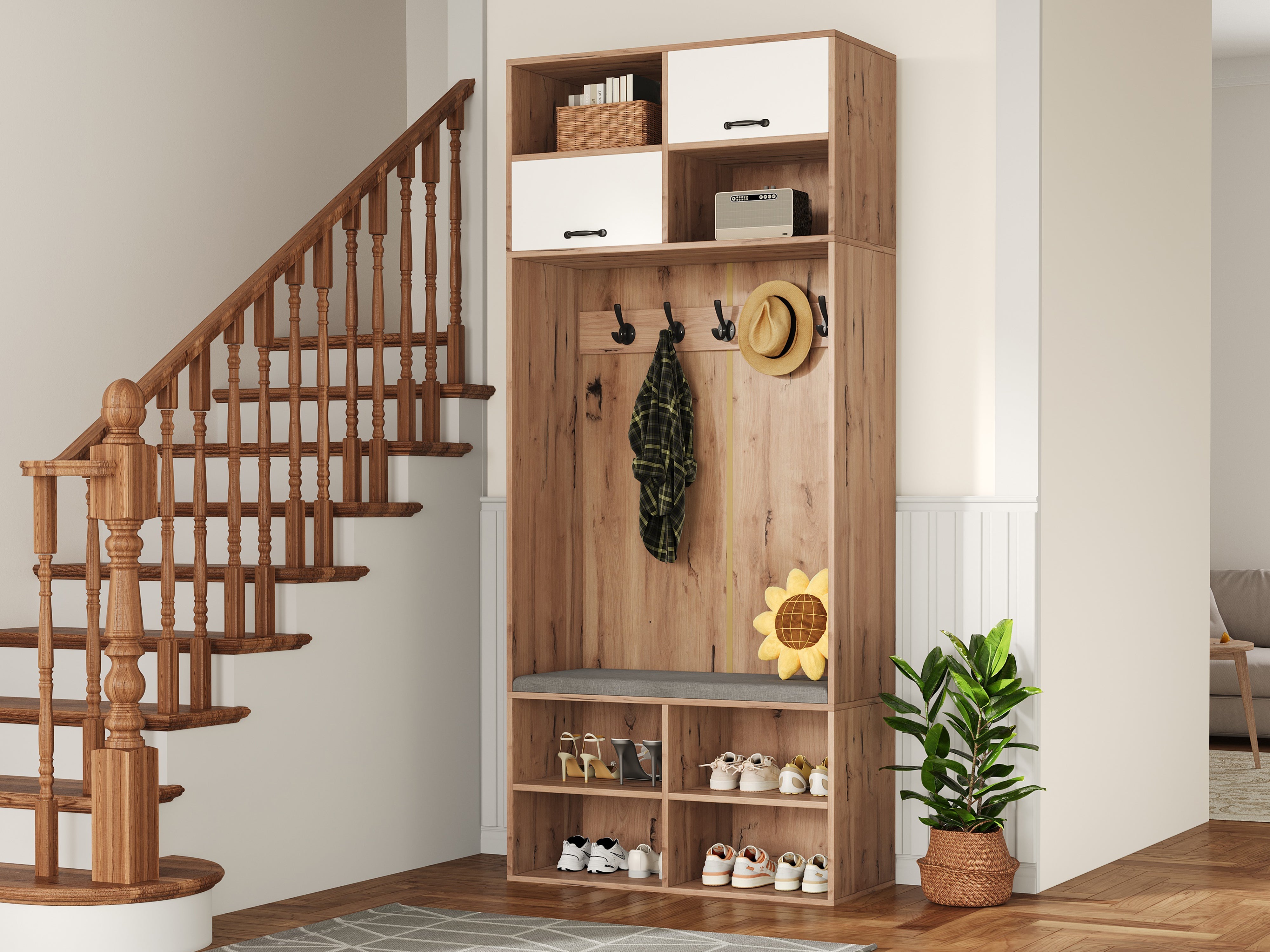 Logidon garderobekast met bank en 5 haken naturel wit 80x35x185cm