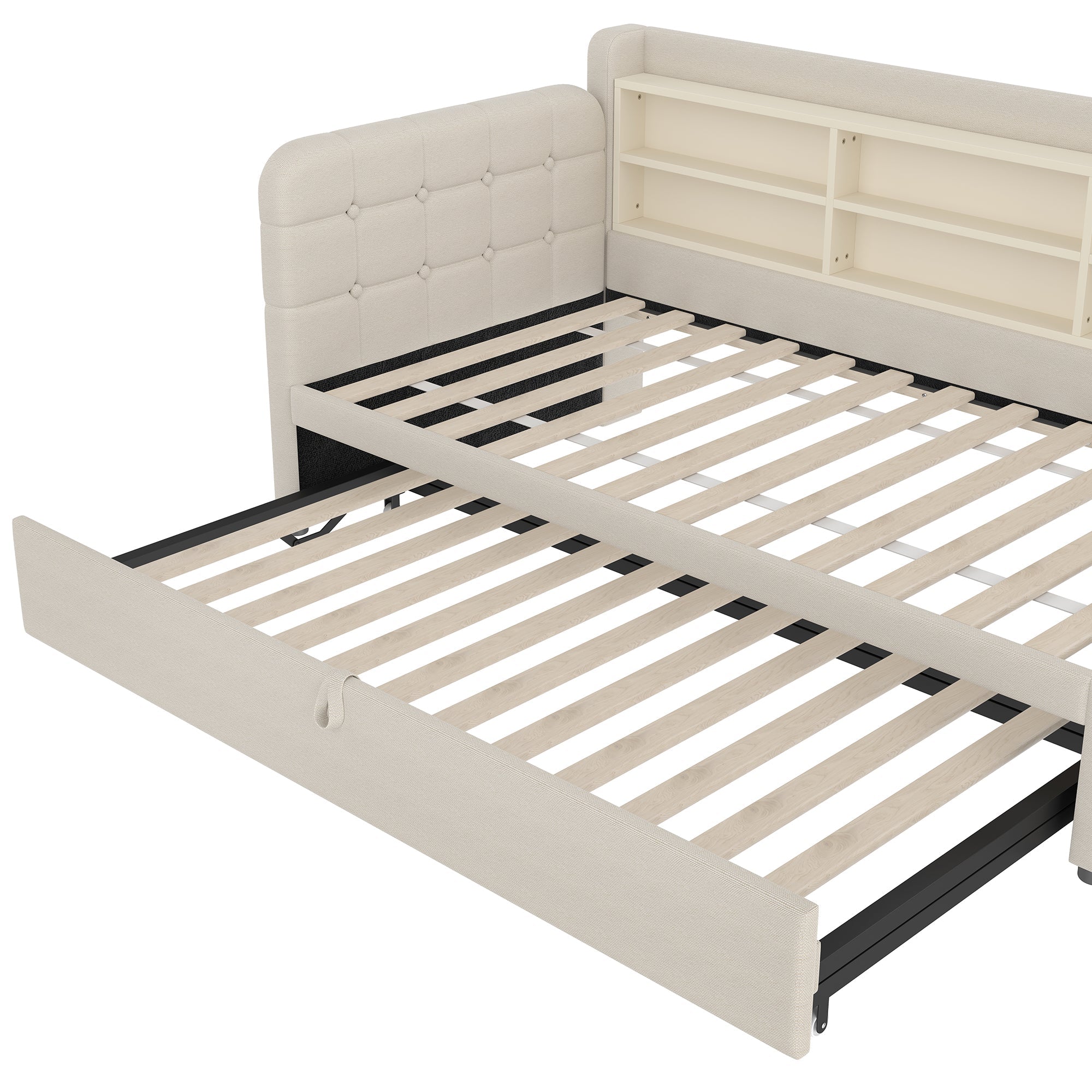 Logidon Daybed 90x200 beige linnen uitschuifbare slaapbank USB Type C