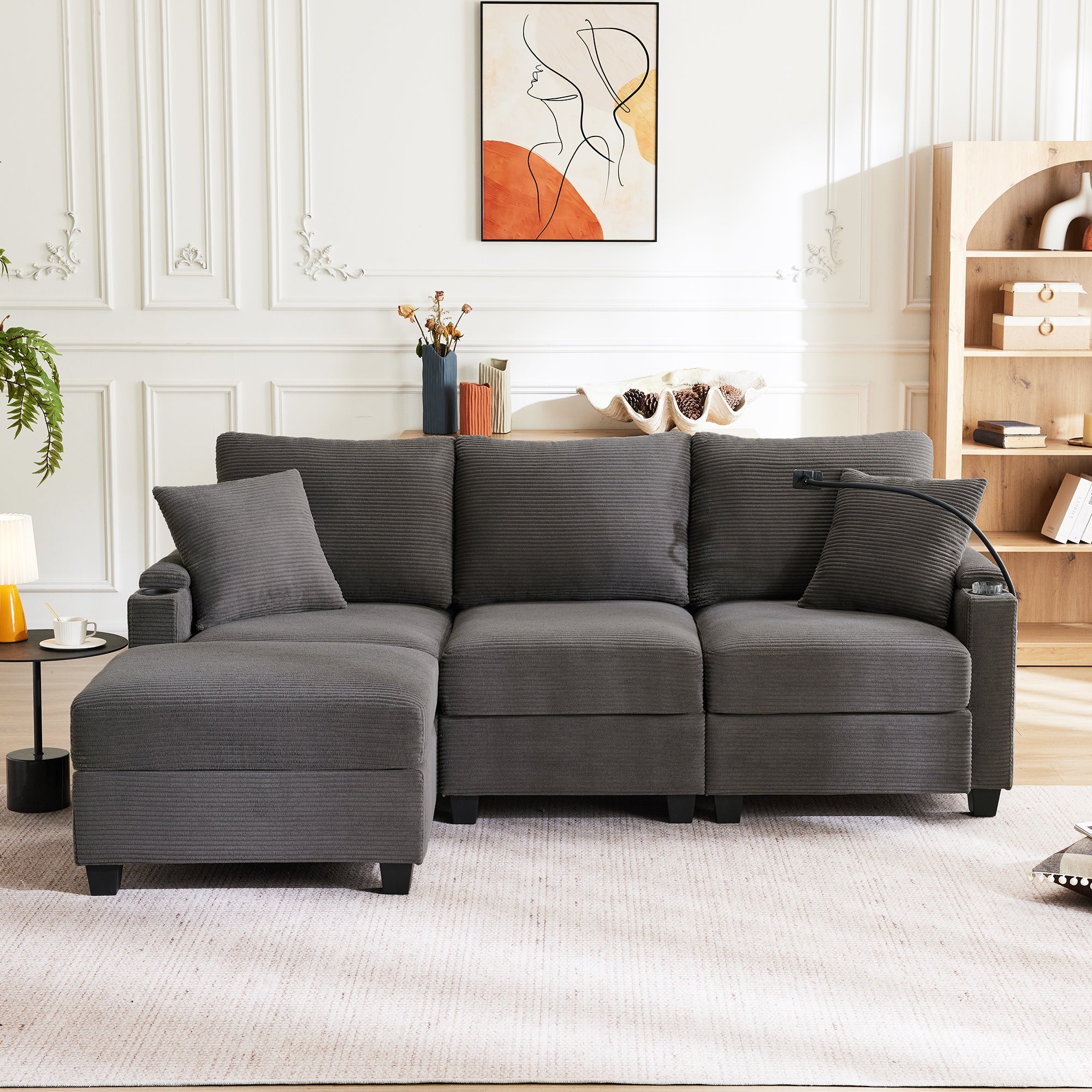 Logidon L-vorm Hoekbank Donkergrijs Corduroy Met USB-oplader