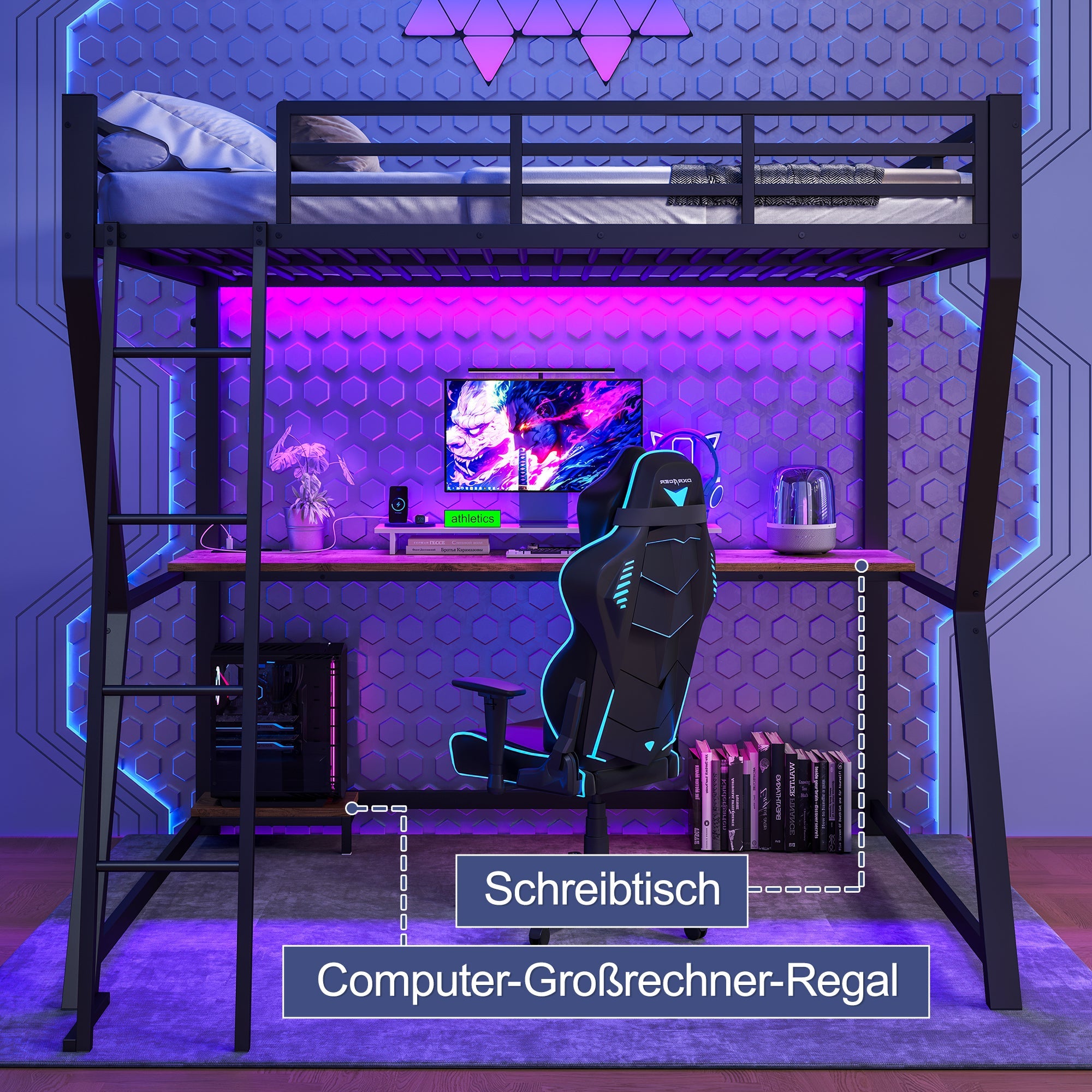 Logidon loft bed 140x200 cm with LED lighting and desk