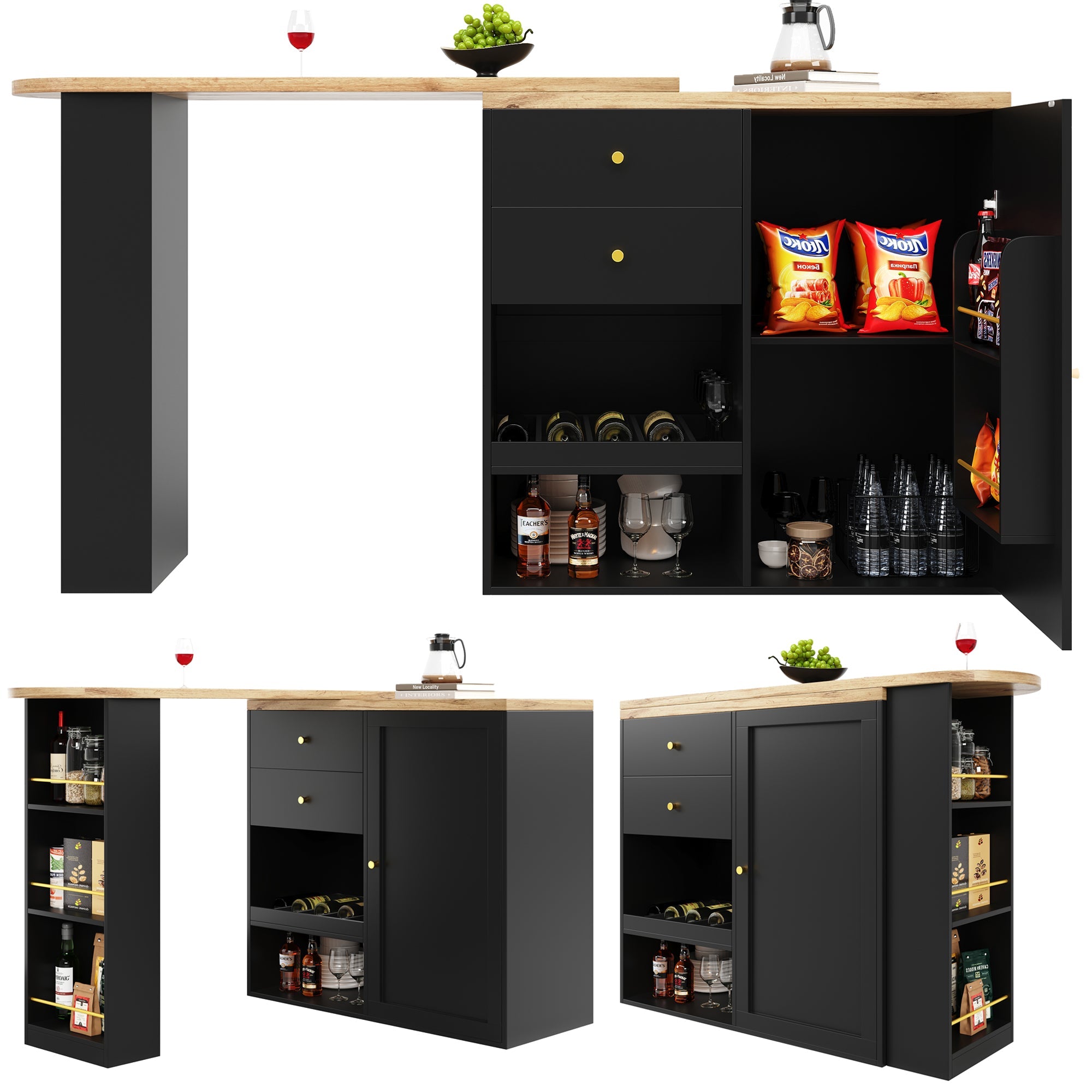 Logidon 360° draaibare bartafel 138 cm zwart met 2 lades