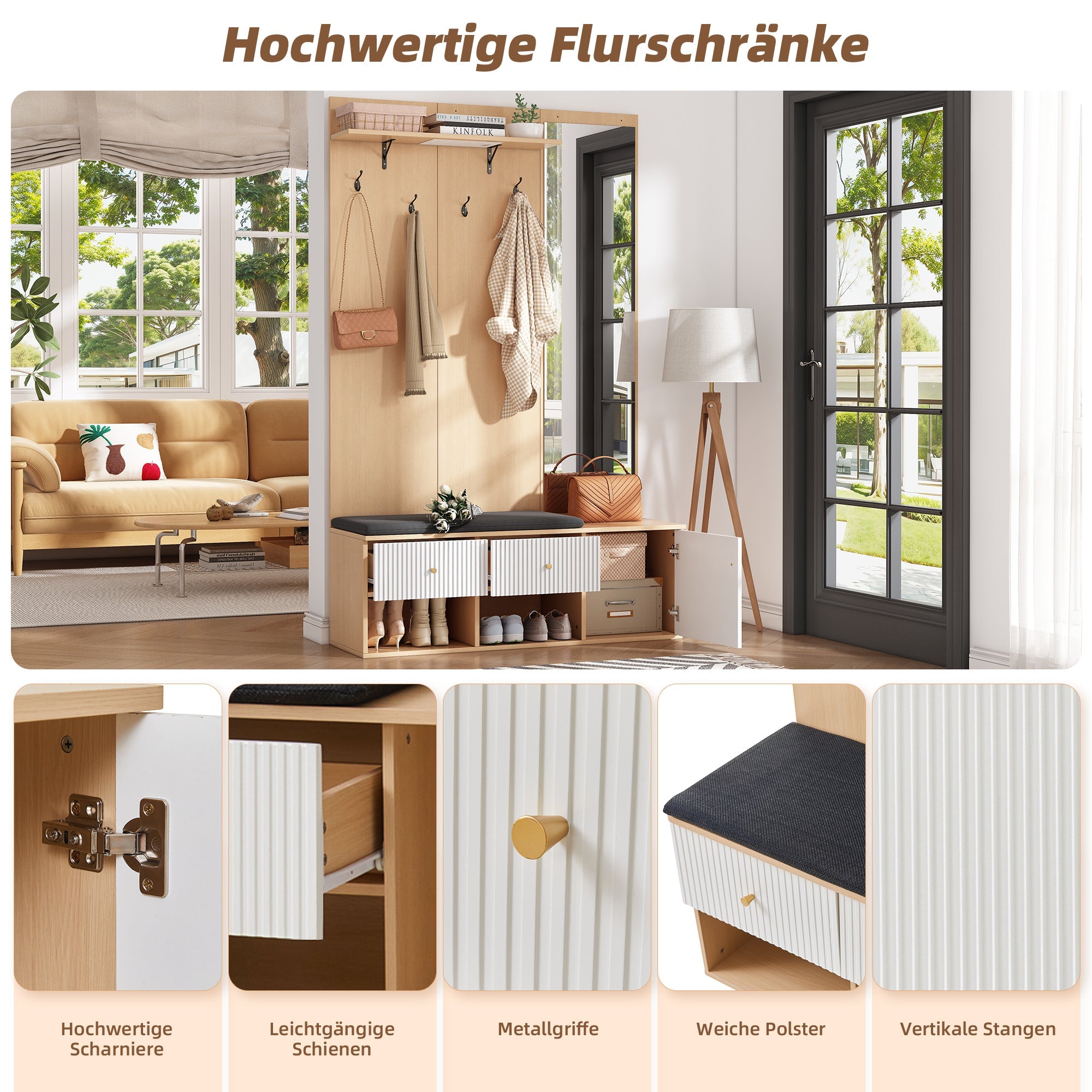 Logidon garderobekast 120x40x200 cm spiegel schoenenbank wit hout