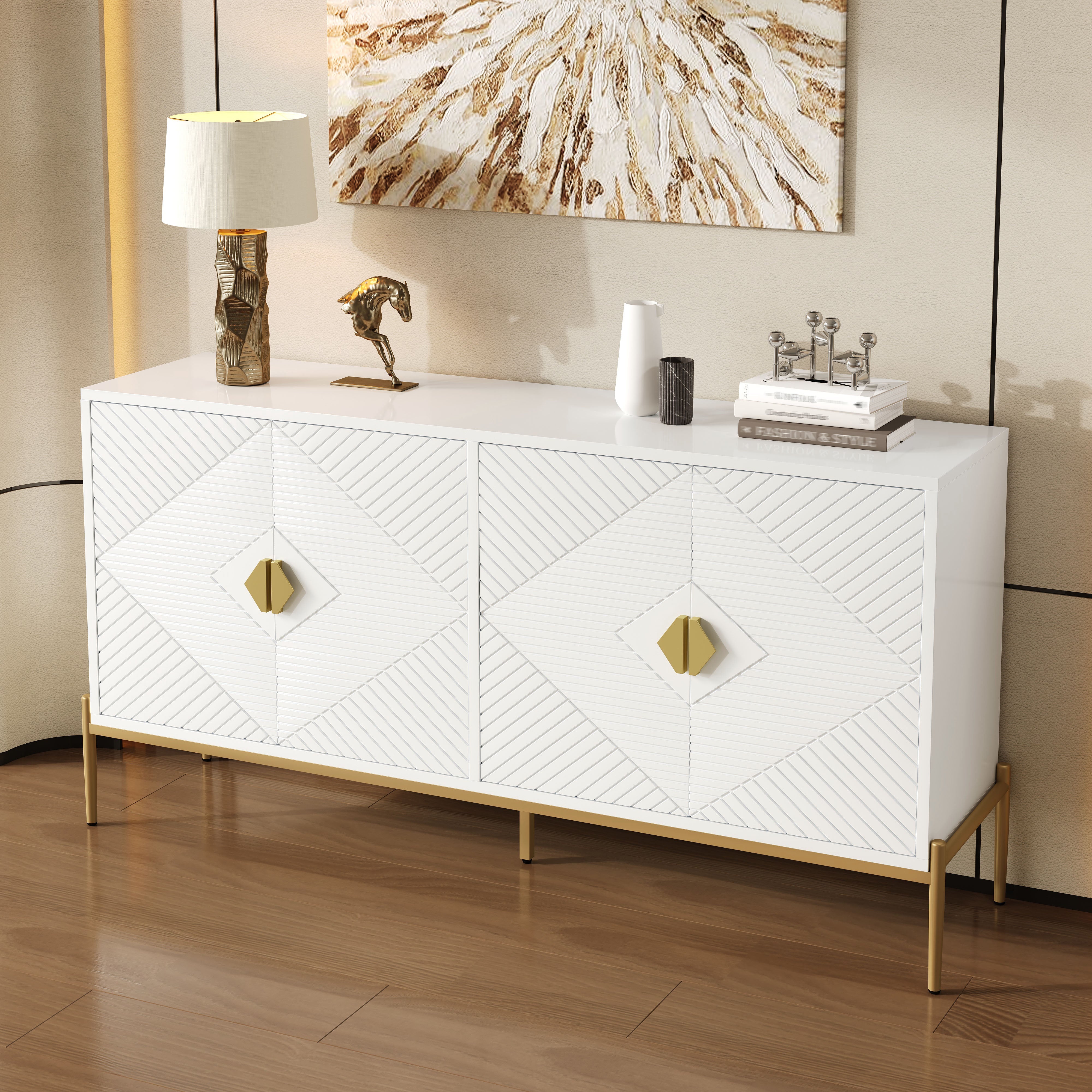 Logidon Modern dressoir wit met gouden details, 4 deuren, 162x40x80