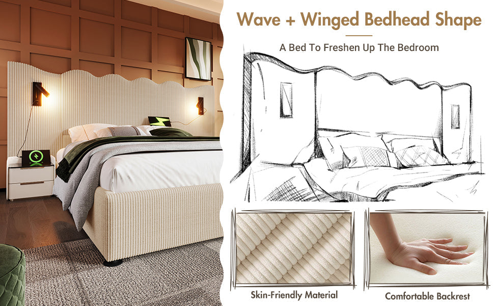 Logidon gestoffeerd bed tweepersoonsbed 180x200 beige-wit leeslamp USB-C opladen