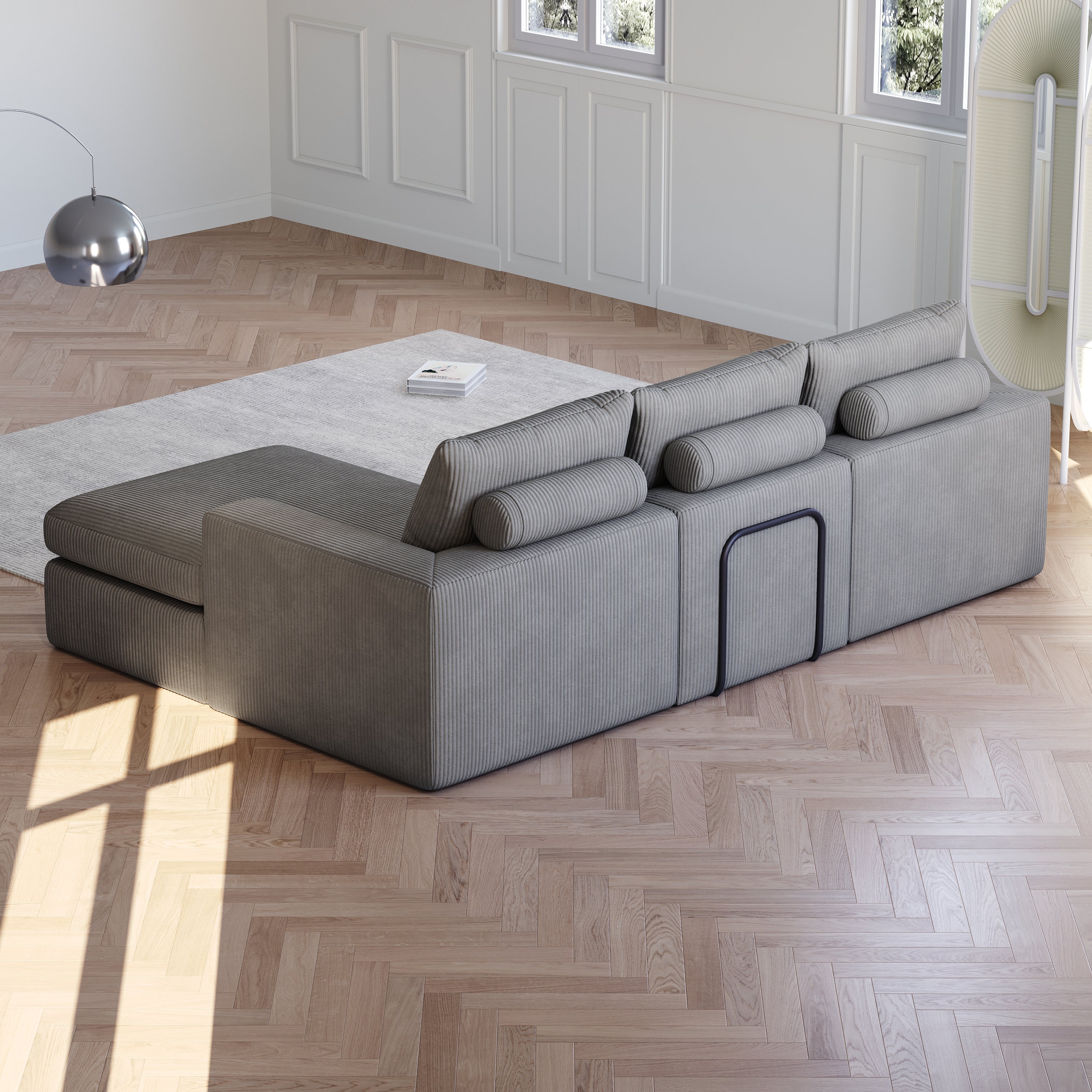 Logidon Gray Cord Sofa With Chaise Longue L Shape Three Cushions