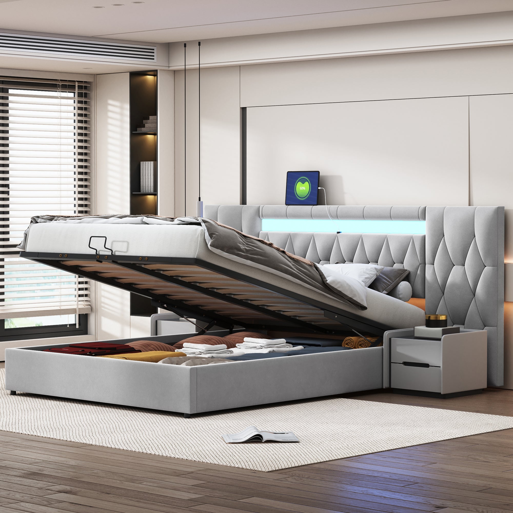 Logidon Elegant gestoffeerd bed 160x200 grijs met LED en USB opbergruimte