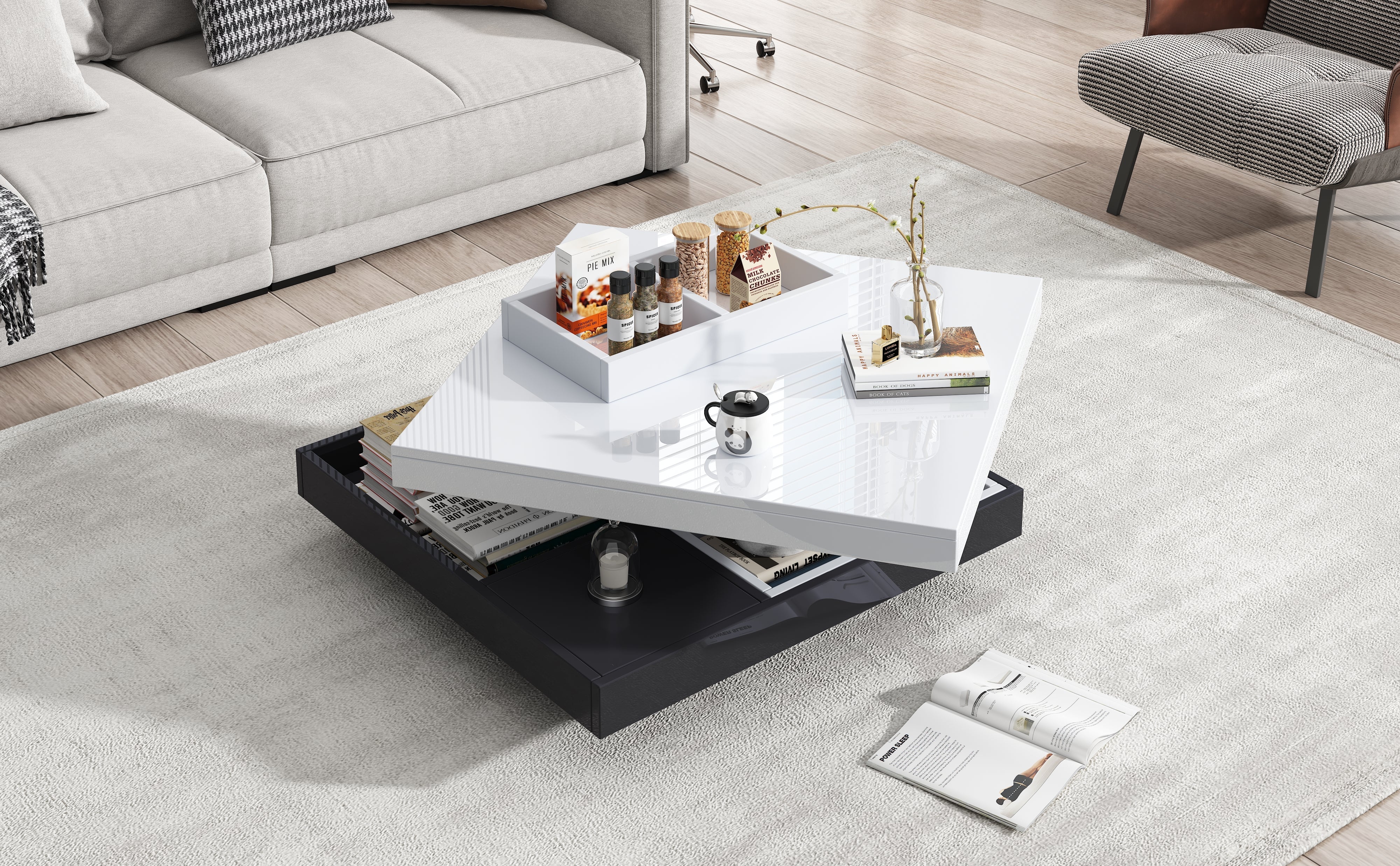 Logidon Draaibare Salontafel Wit Blad Zwart Onderstel 70x70x36