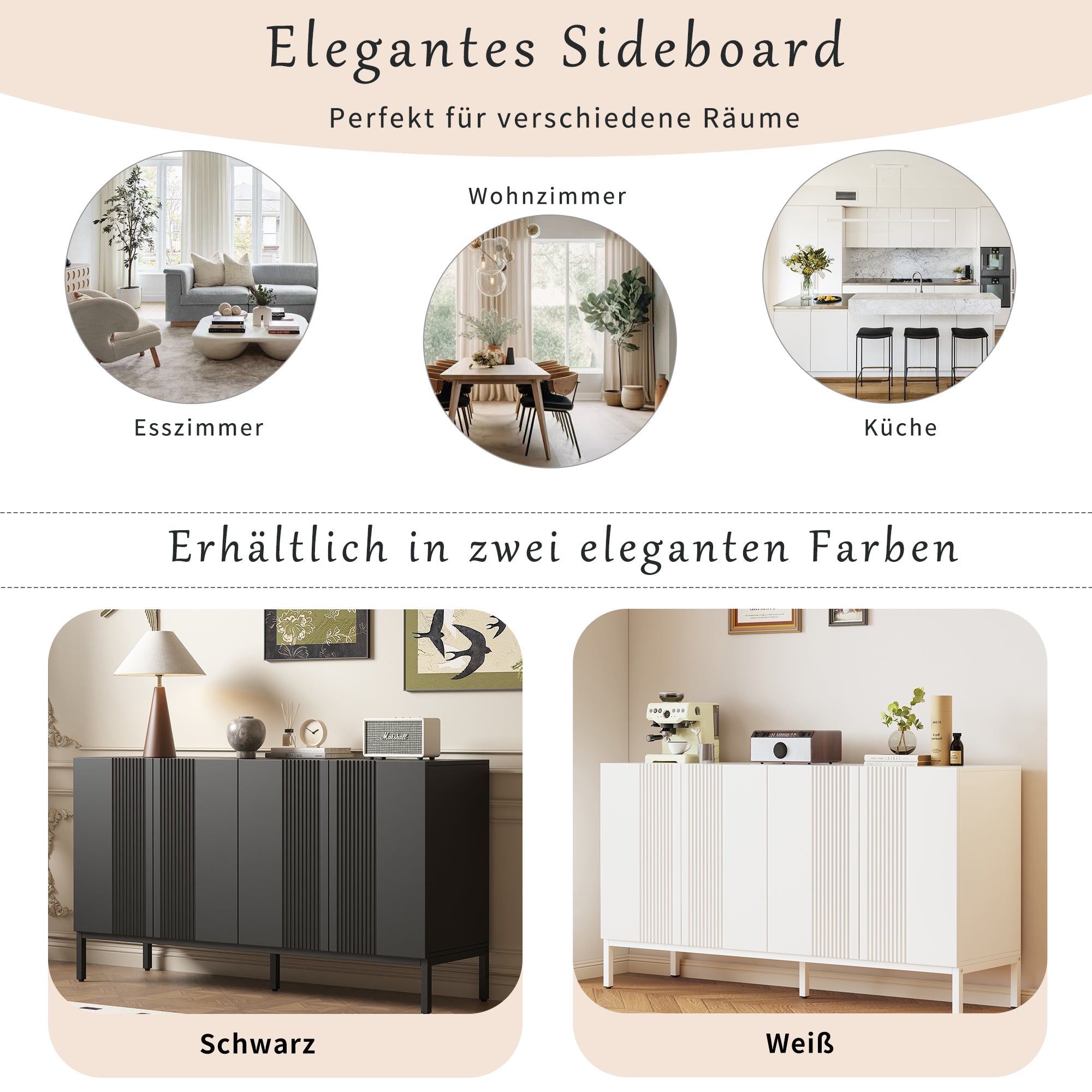 Logidon Modern Dressoir 4-deurs Greeploos Zwart 145x41x80 cm