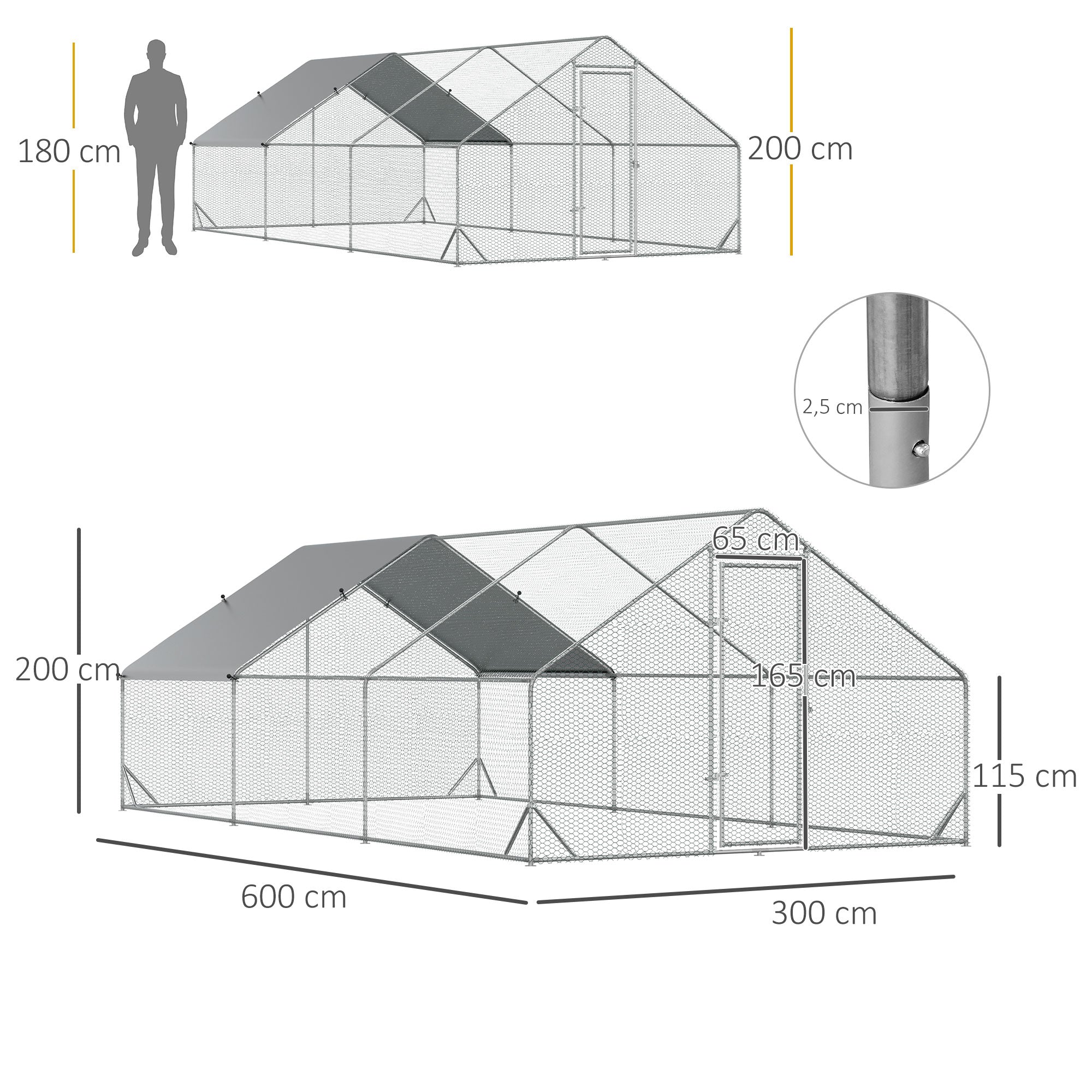 Logidon kippenhok XXL buitenverblijf 3x6x2 m zilver stalen dak