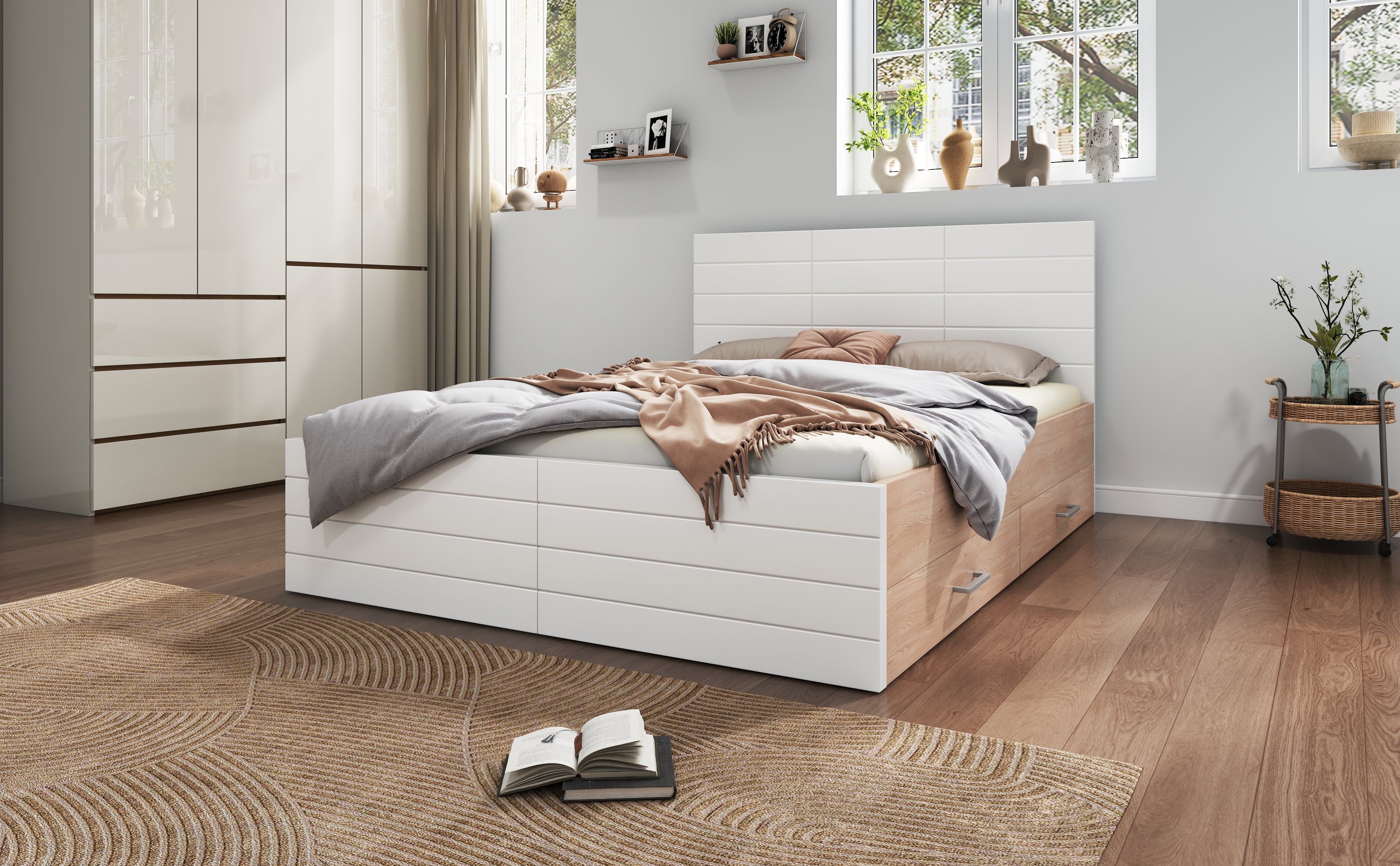Logidon tweepersoonsbed 140x200 cm houten bedsysteem met 2 lades wit