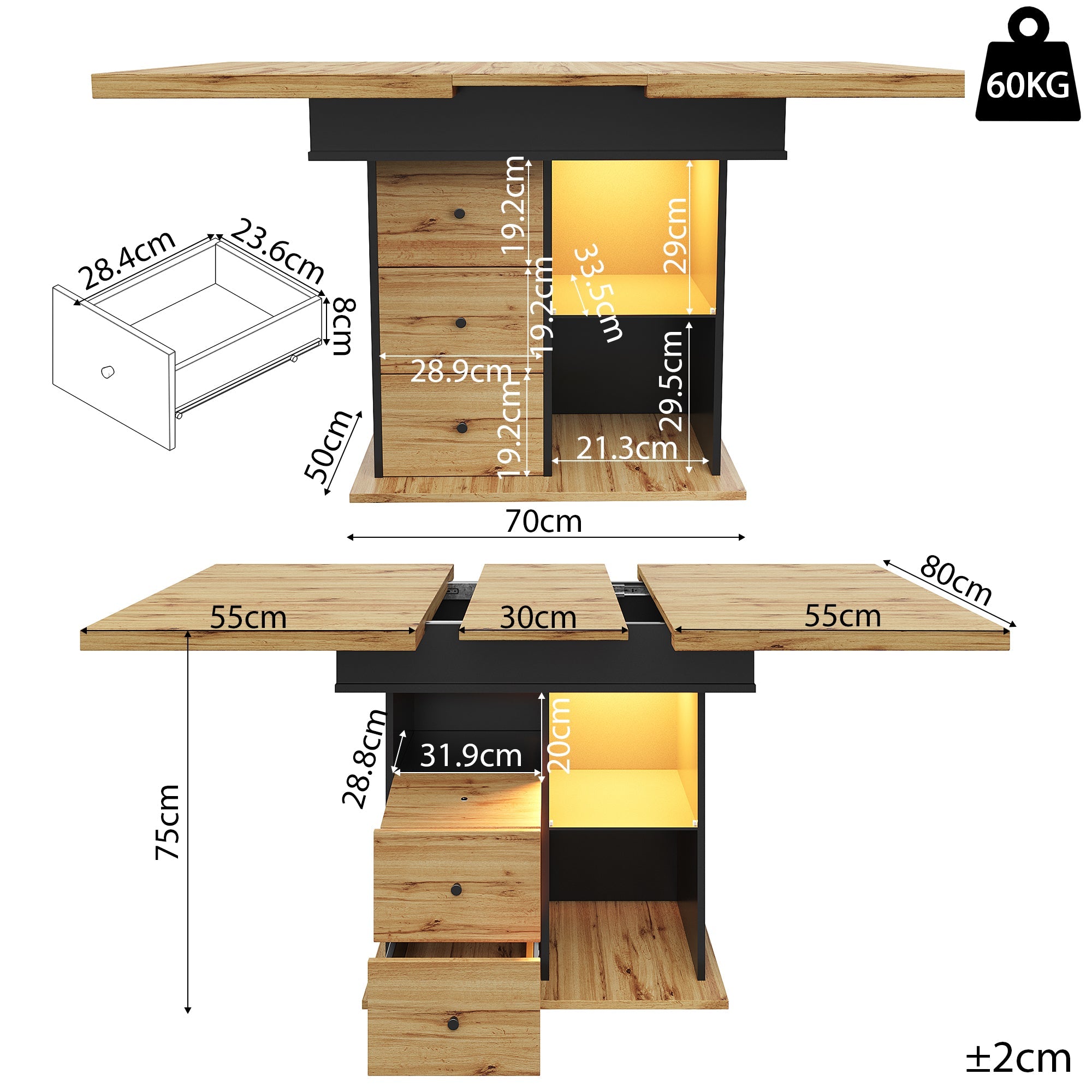 Logidon eettafel telescopisch uitschuifbaar 110-140×80 cm met LED verlichting