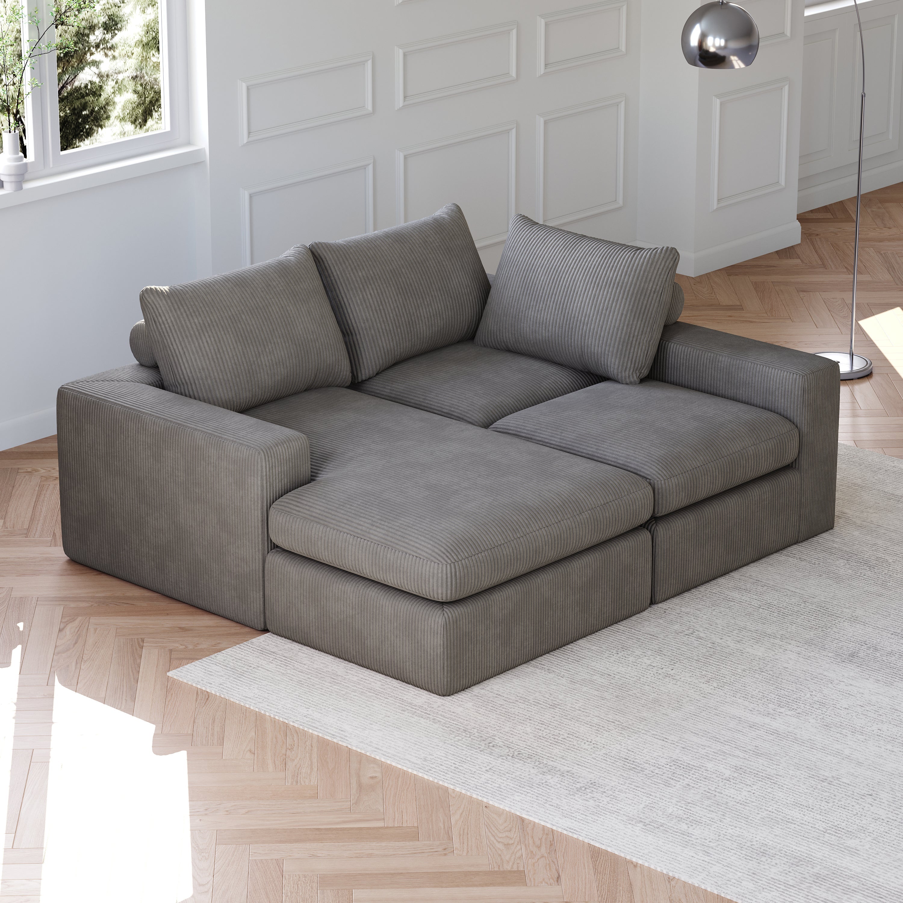Logidon Gray Cord Sofa With Chaise Longue L Shape Three Cushions