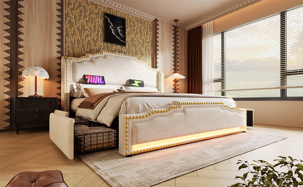 Logidon gestoffeerd bed 160x200 beige fluweel met 4 lades LED USB C