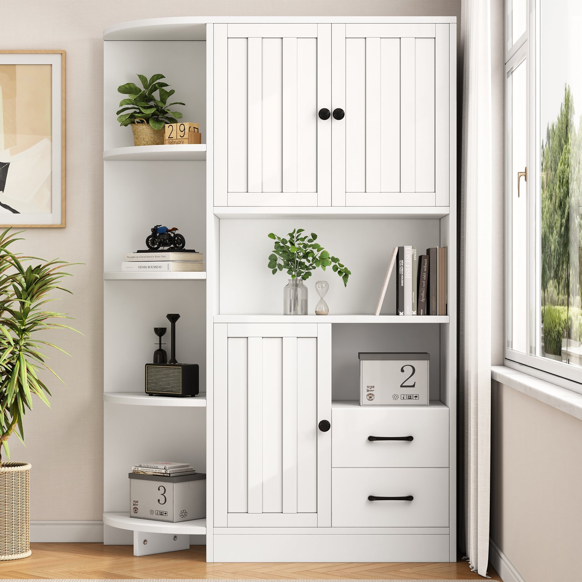 Logidon corner cabinet white 104x35x155 cm display cabinet 3 doors 2 drawers