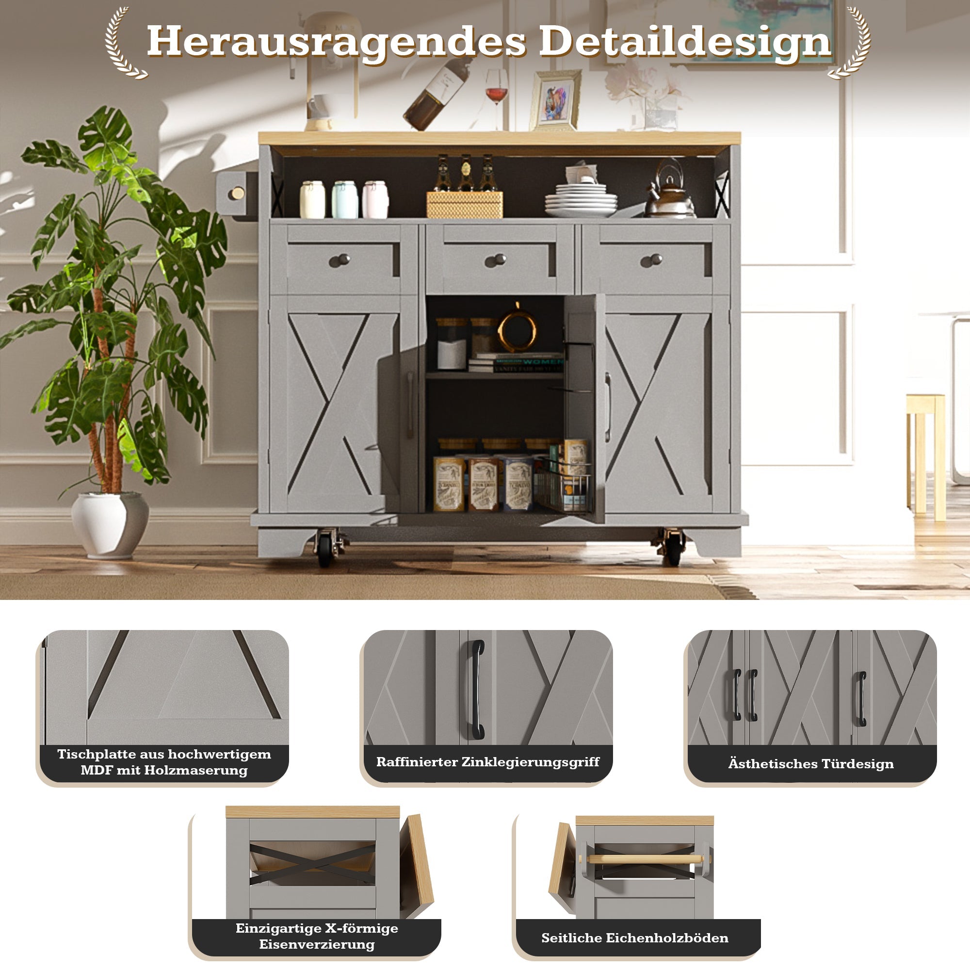 Logidon keukeneiland grijs met veel opbergruimte 118 x 43-80 x 98 cm