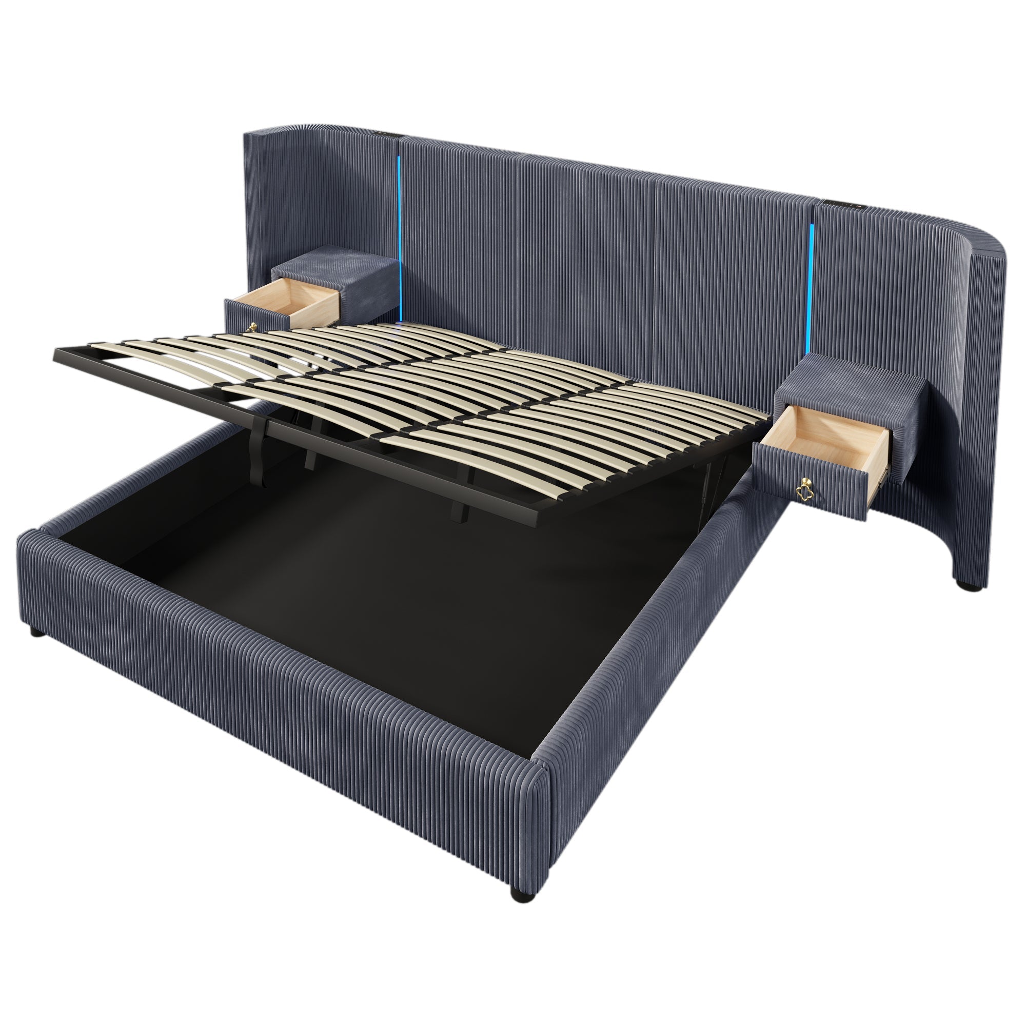 Logidon upholstered bed 180x200 cm gray velvet with LED strip storage space