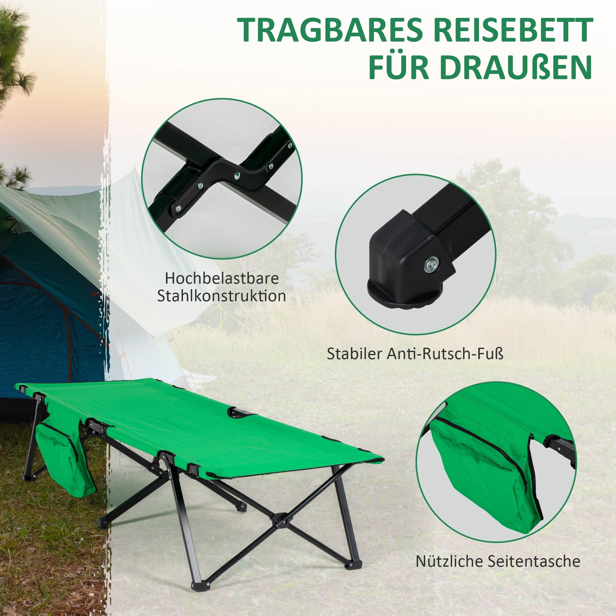 Logidon Opklapbaar Campingbed Met Zijvak Groen Zwart 200x73 cm