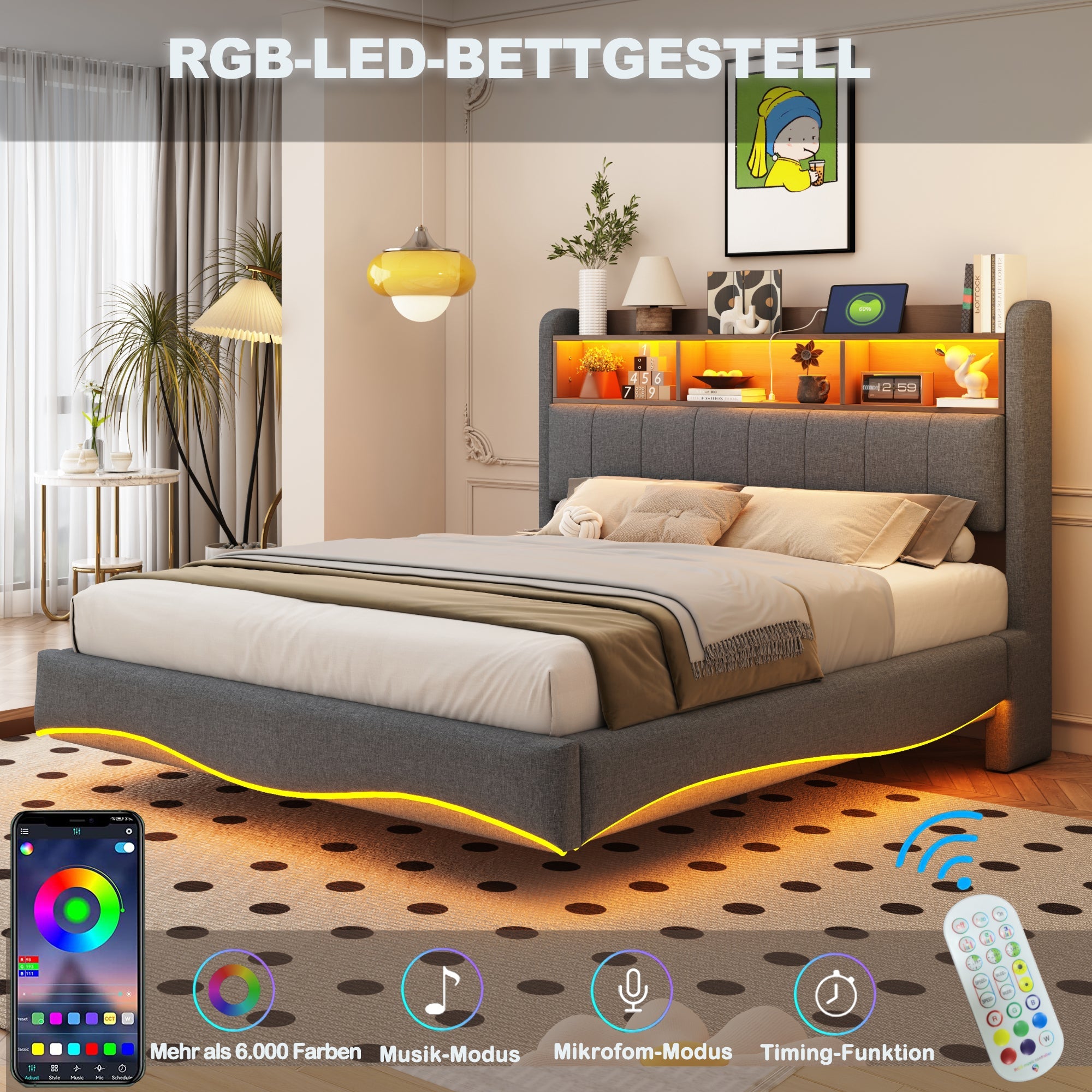 Logidon hangend gestoffeerd bed 160x200 grijs met LED-licht USB TypeC