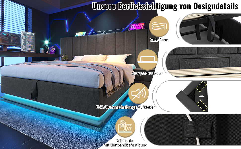 Logidon gestoffeerd bed 160x200 grijs met opbergruimte LED app bediening