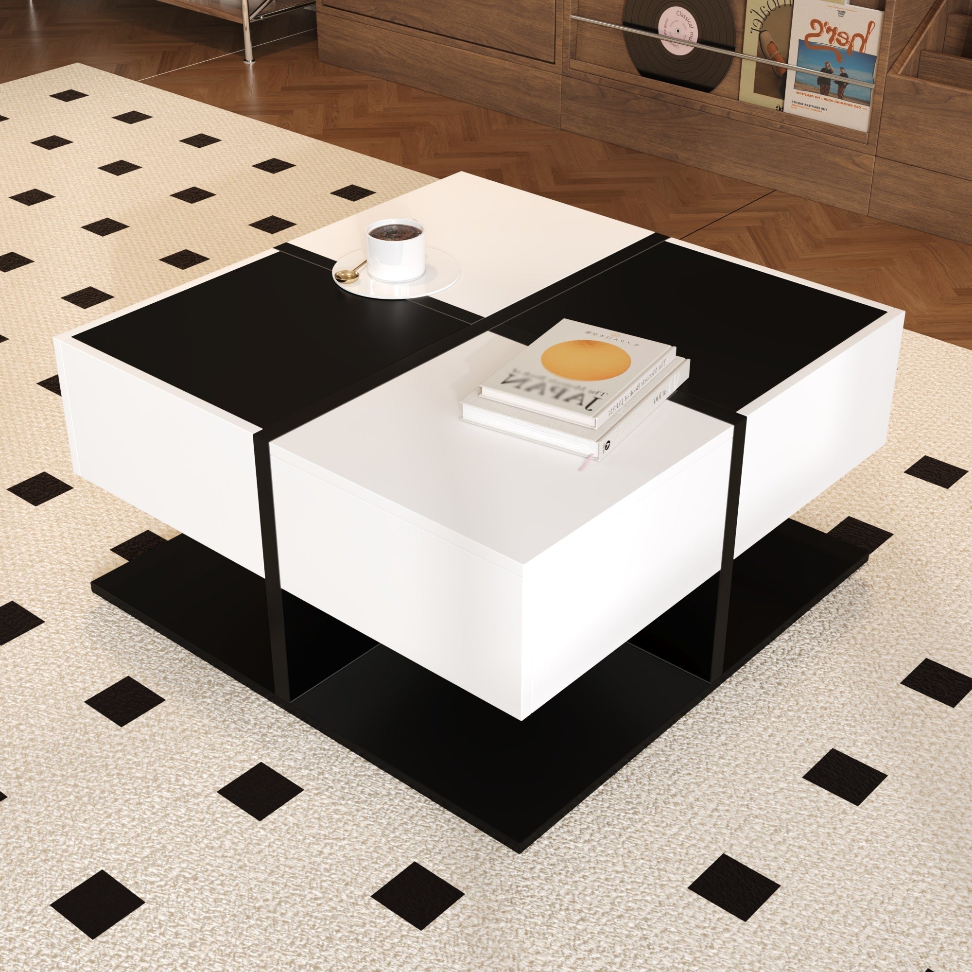 Logidon Moderne Salontafel Zwart Wit 70x70x35,5 cm Met 2 Laden
