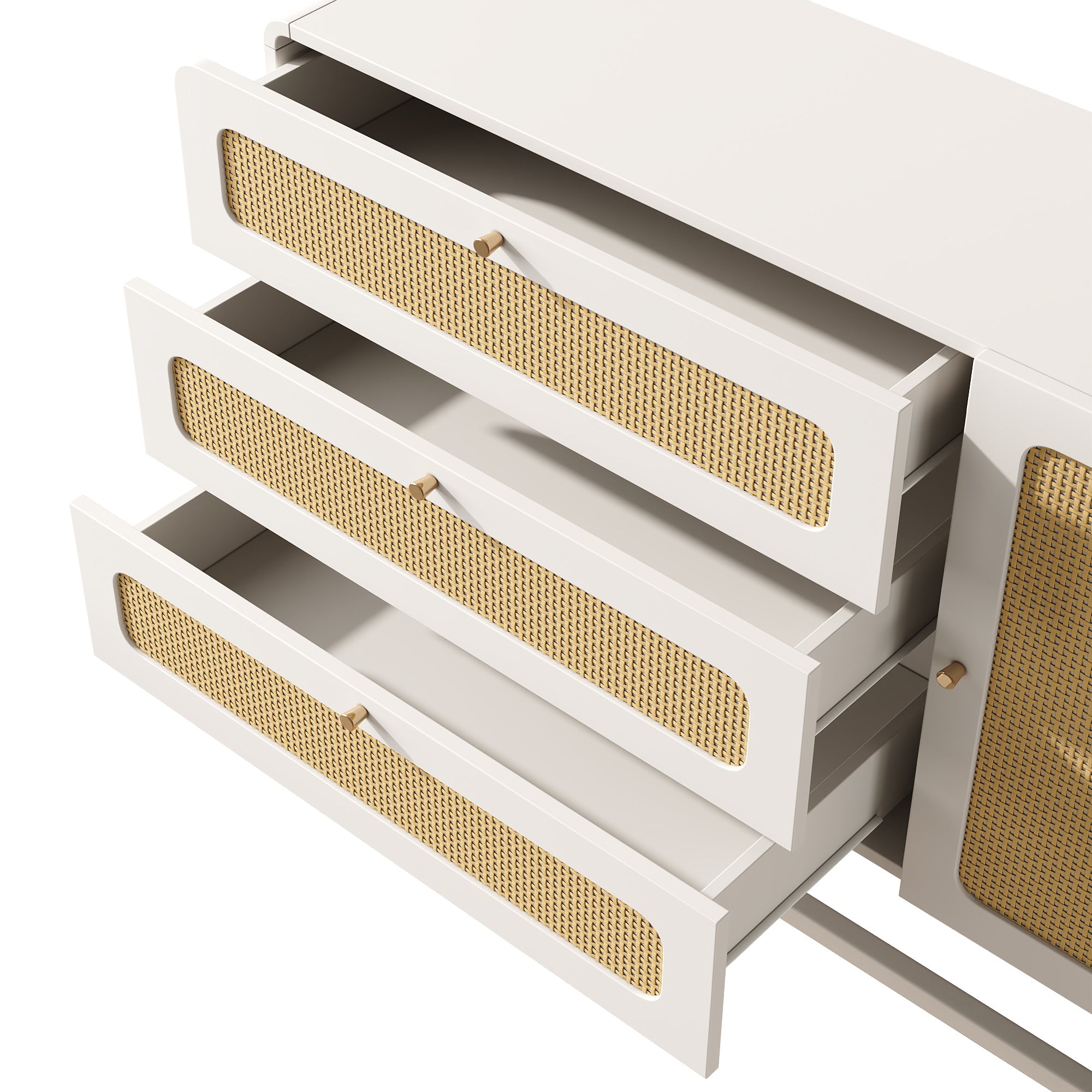 Logidon ladekast met rotan en gouden handgrepen wit 3 lades 1 deur