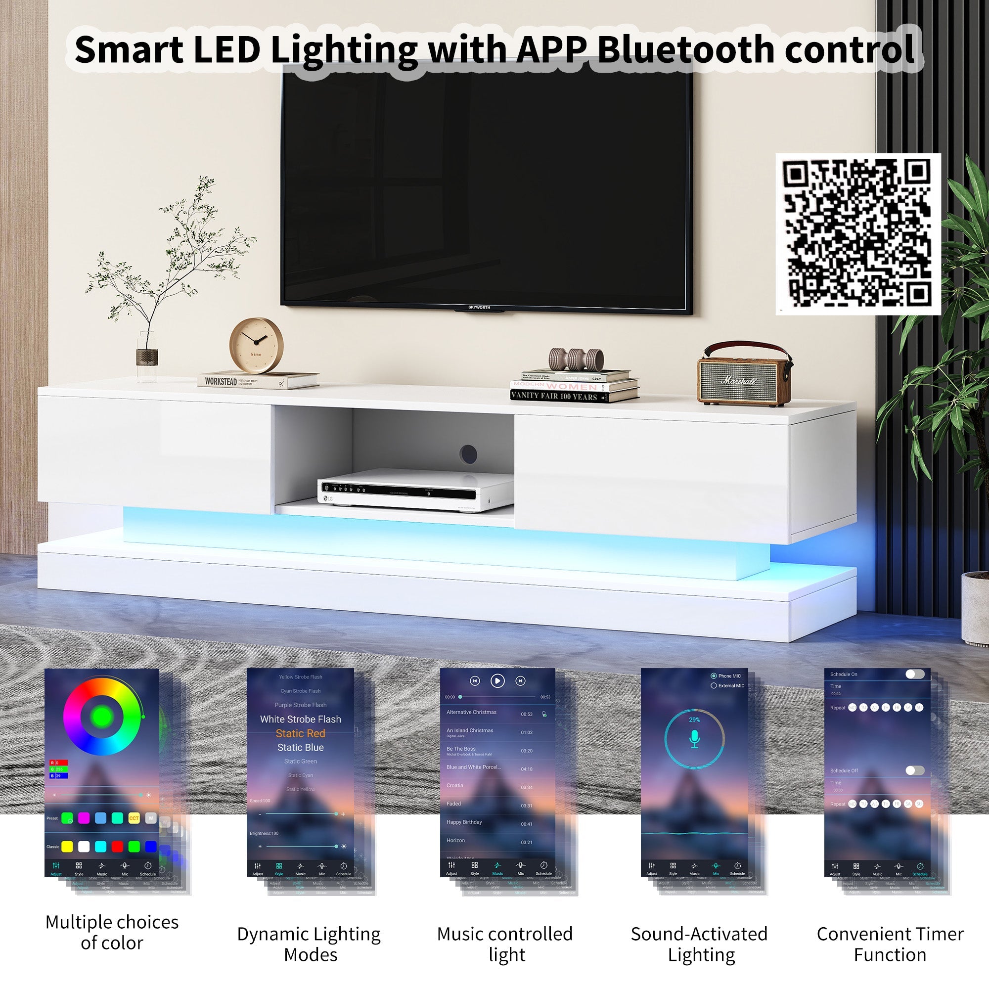 Logidon wit TV-meubel 160 cm met LED-verlichting app bediening