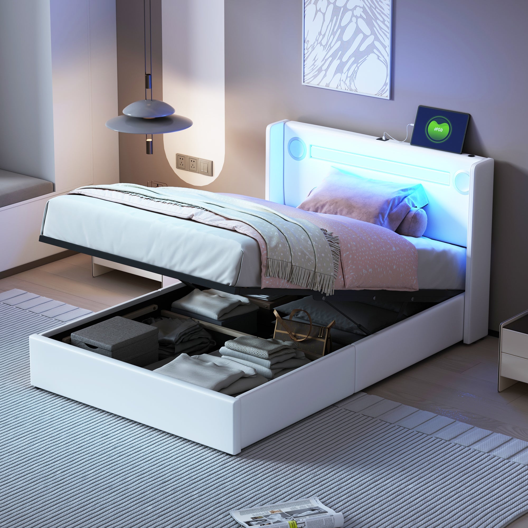 Logidon gestoffeerd bed 90x200 hoogslaper met LED lichtstrip USB wit