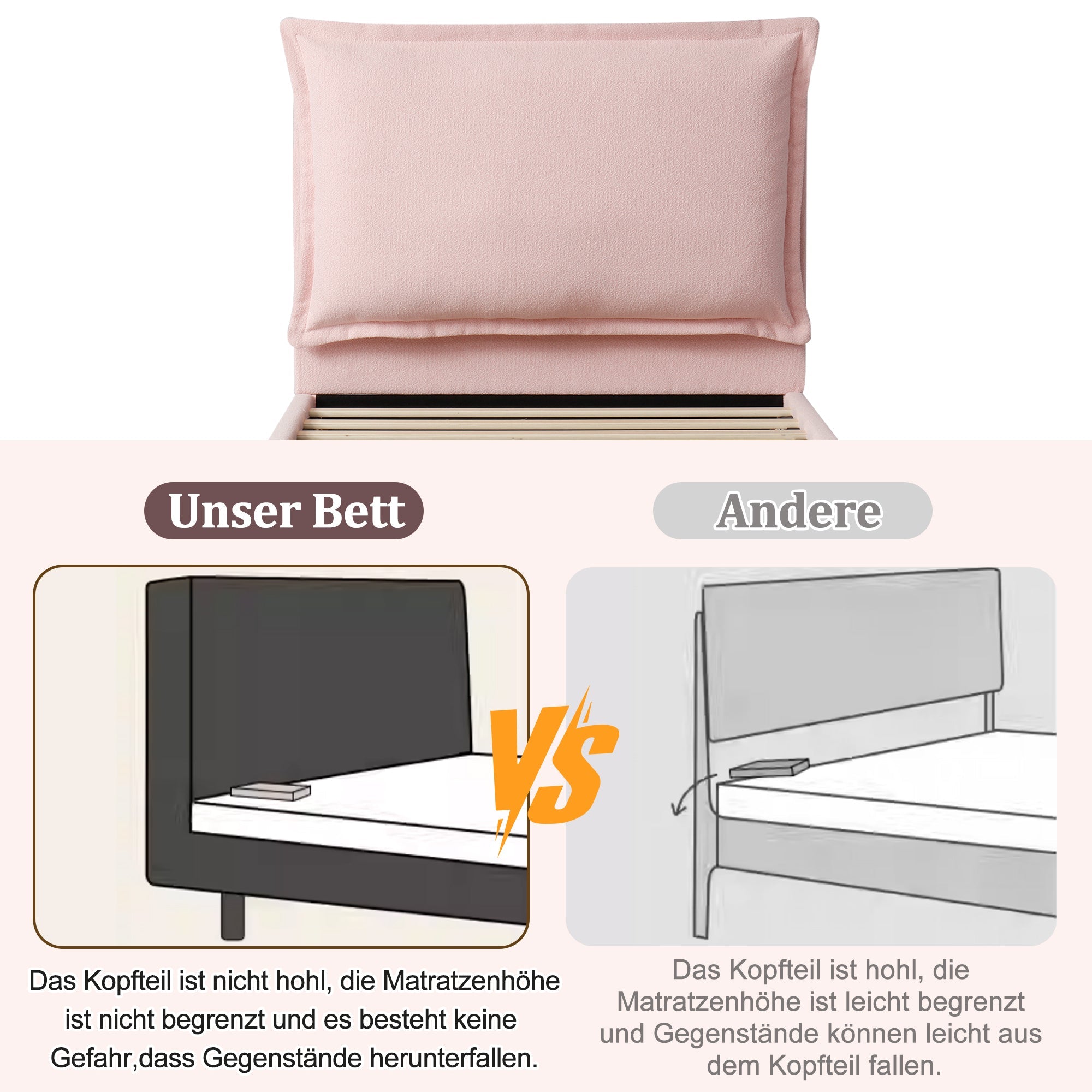 Logidon gestoffeerd bed 90x200 roze chenille met opbergruimte en lattenbodem