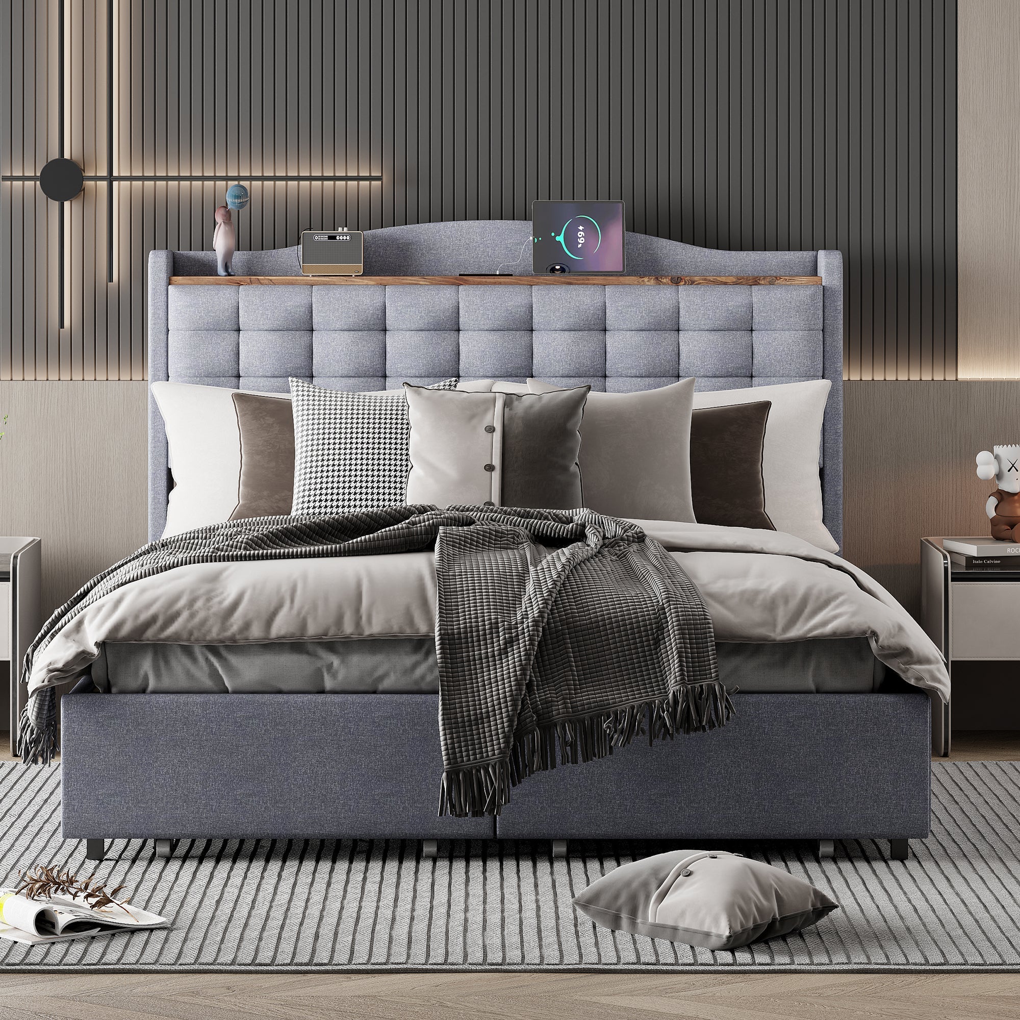 Logidon gestoffeerd bed 140x200 grijs linnen met USB-oplaadpoort