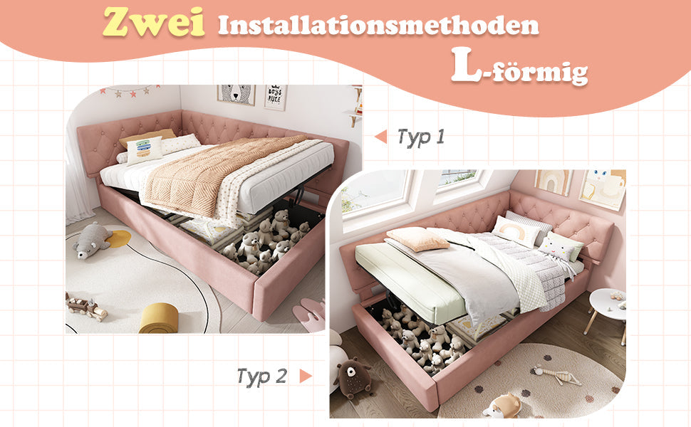 Logidon slaapbank 90x190 roze fluweel met hydraulische opbergruimte