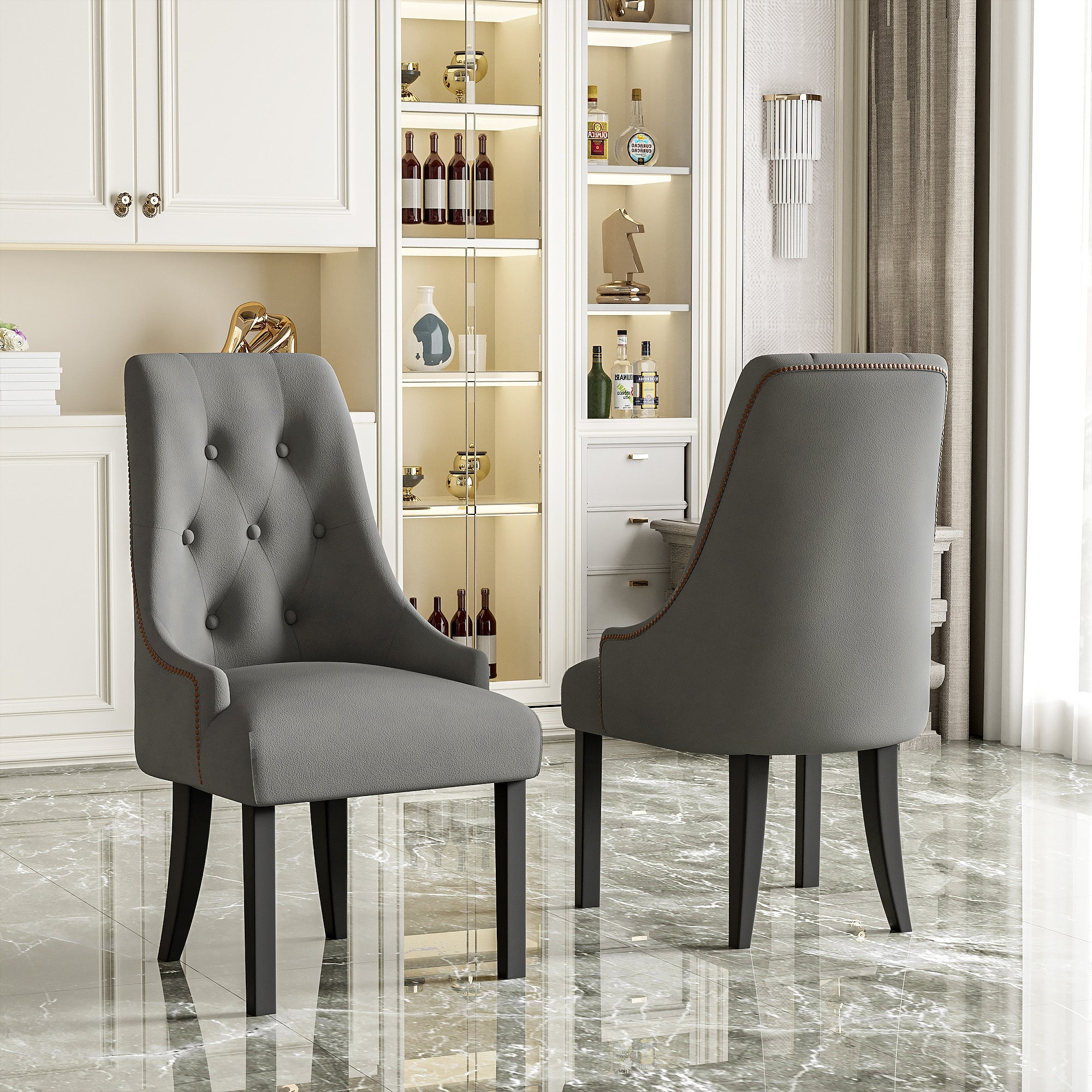 Logidon Set van 2 Retro Eetkamerstoelen Met Ronde Knopen Fluweel Grijs