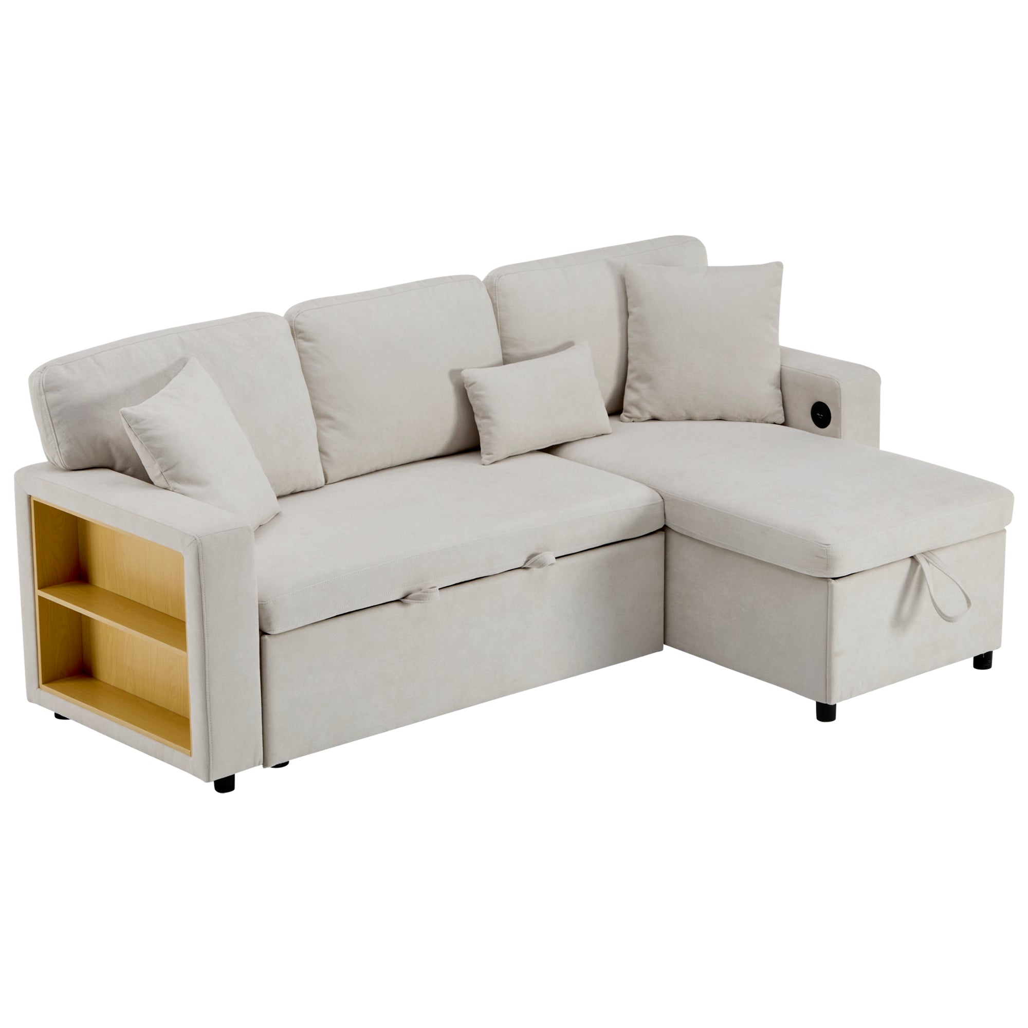 Logidon corner sofa bed L-shape extendable beige with bed box shelf