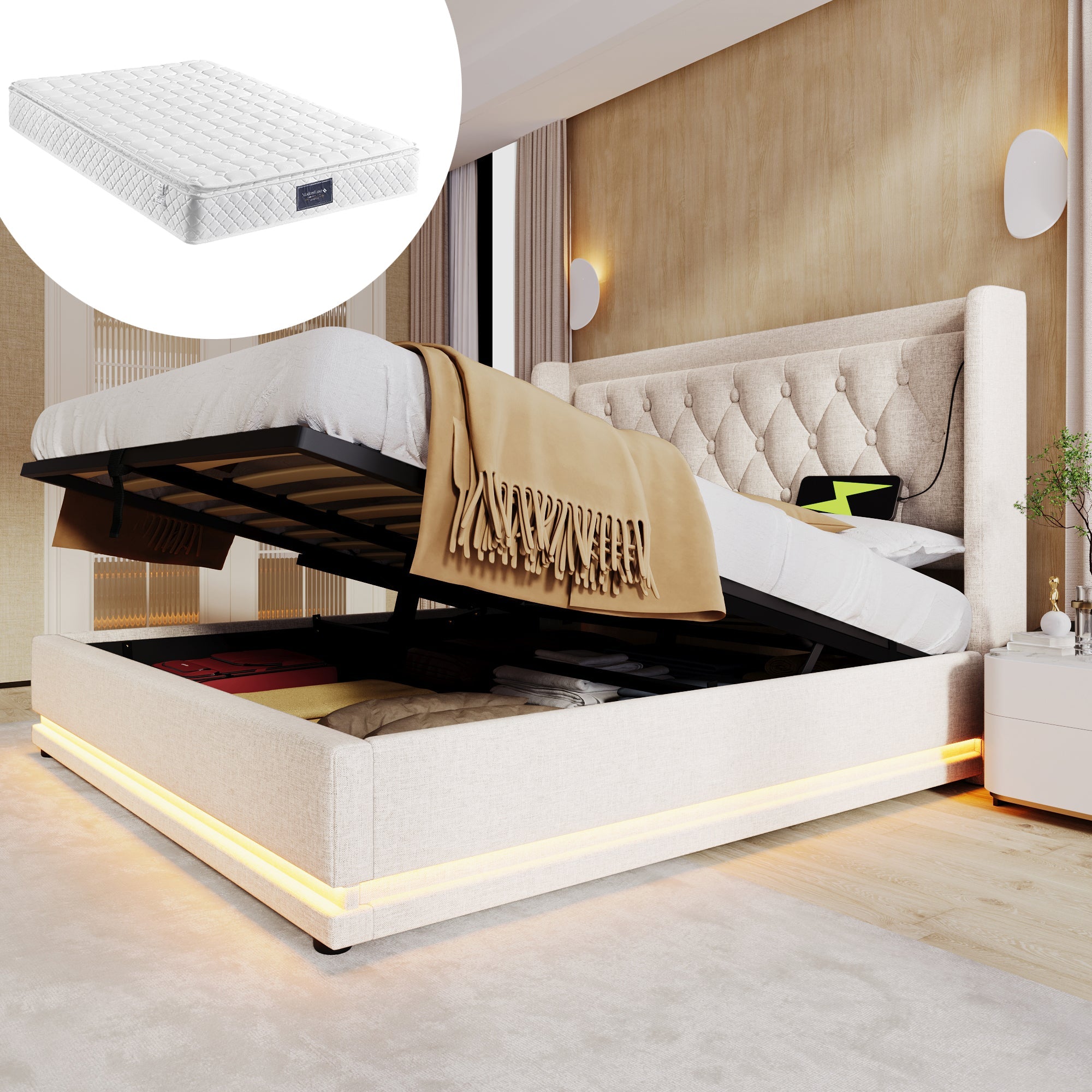 Logidon gestoffeerd bed 160x200 beige met opbergruimte USB Type C oplaadfunctie