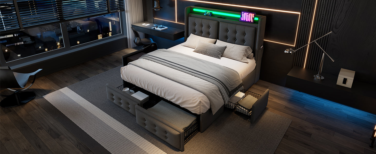 Logidon gestoffeerd bed 140x200 grijs met LED hoofdbord USB-C oplaadfunctie
