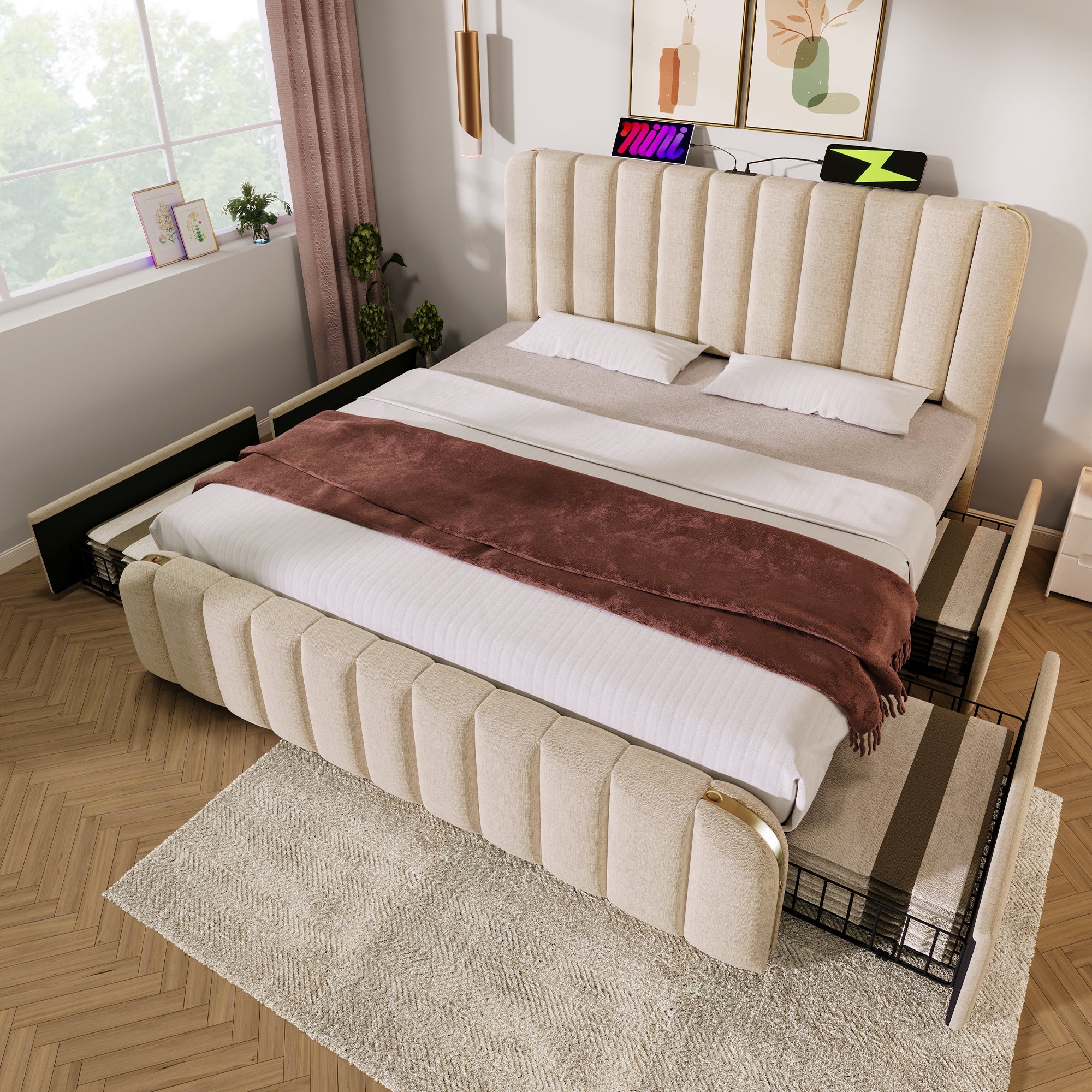 Logidon upholstered bed beige linen with USB Type C charging function 180x200 cm