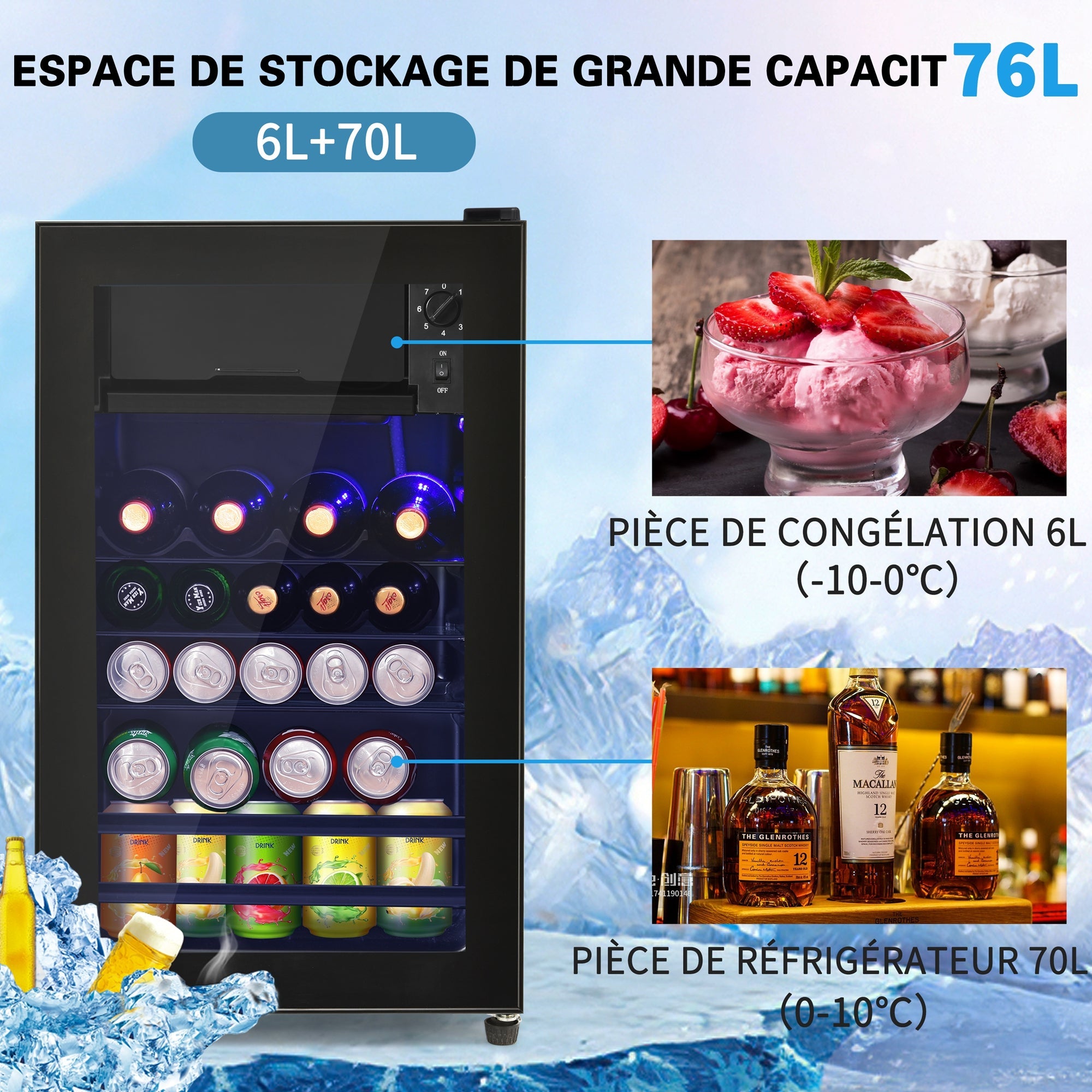 Logidon 76L minikoelkast Zwart 70L koelgedeelte, 6L vriesgedeelte, LED