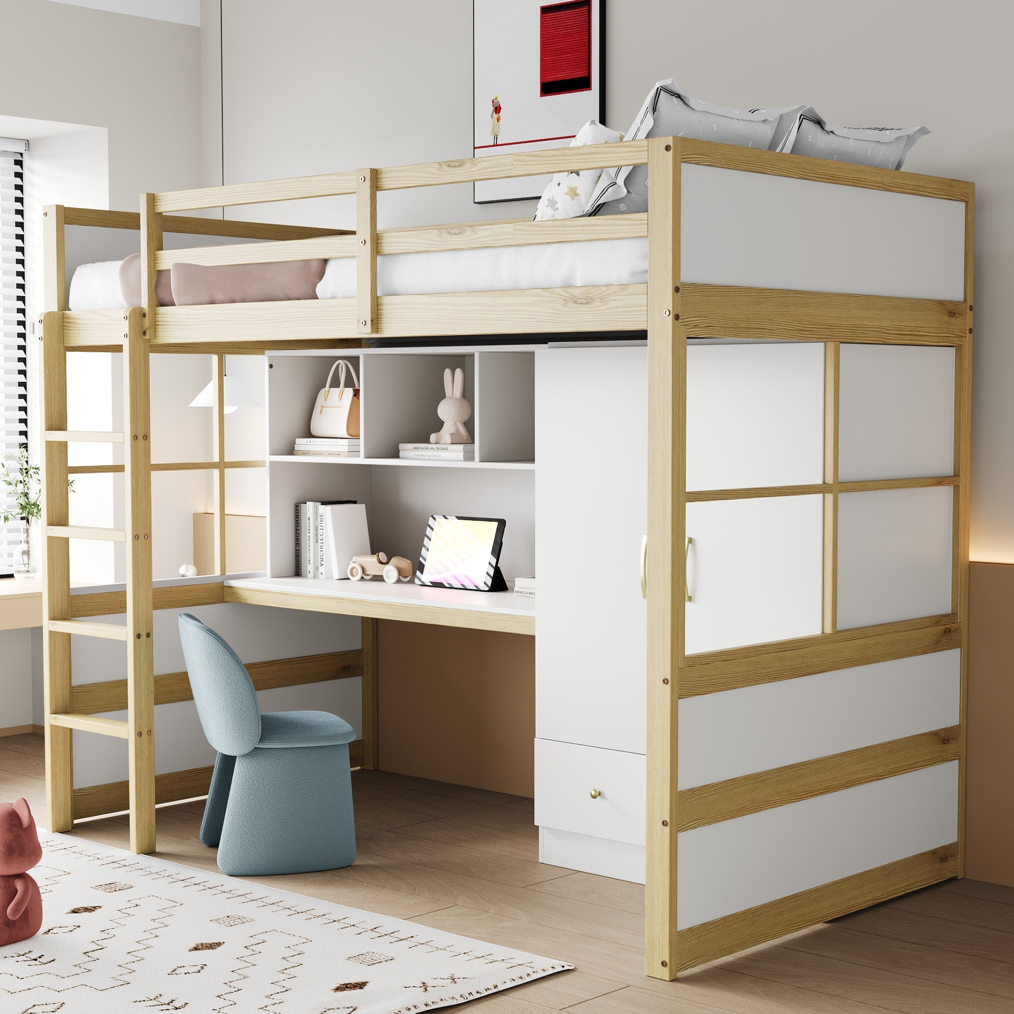 Logidon hoogslaper 90x200 cm met bureau en opbergruimte naturel hout