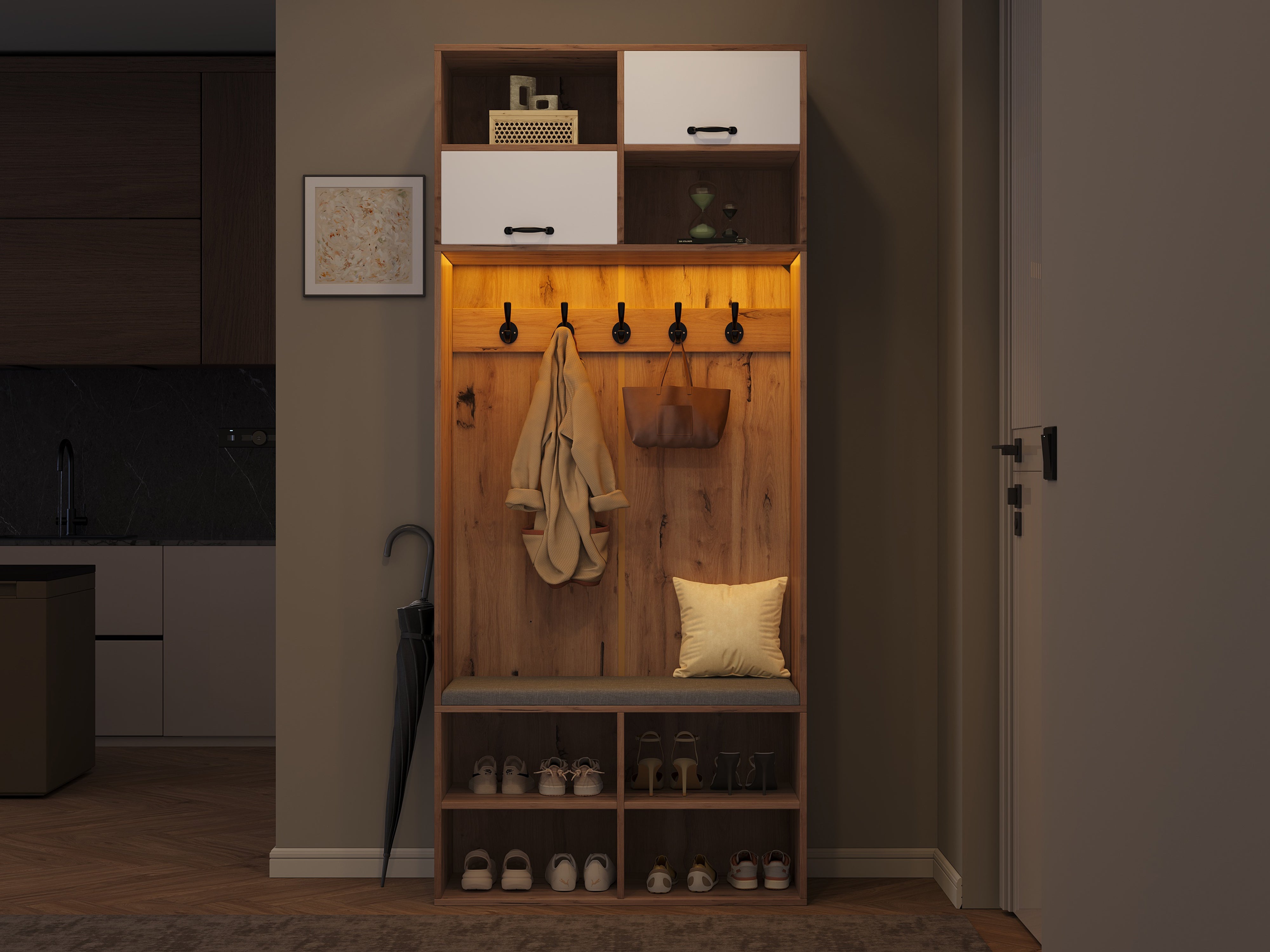 Logidon garderobekast met bank en 5 haken naturel wit 80x35x185cm
