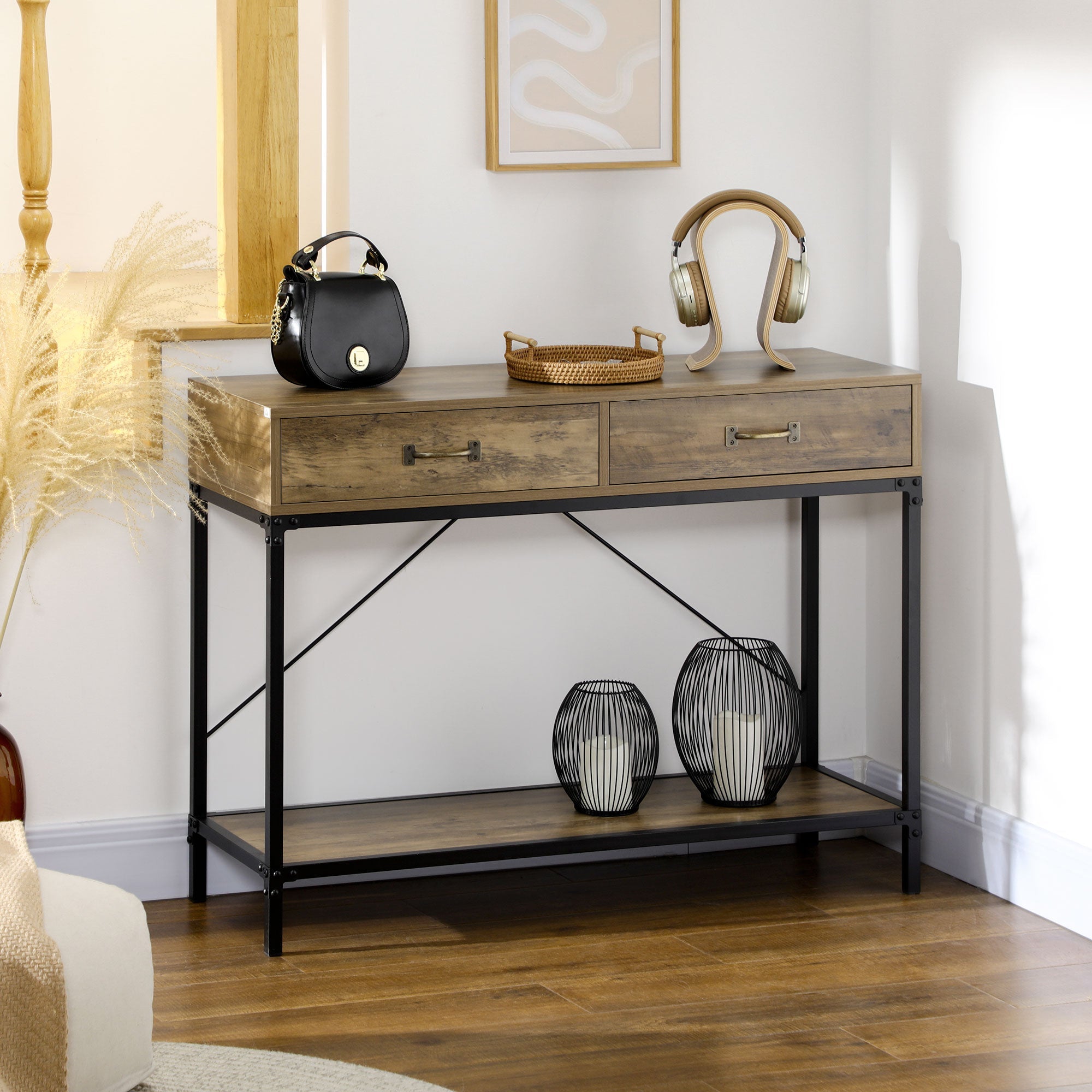 Logidon Bijzettafel Met 2 Laden Vintage Bruin Zwart 100x35x76,5