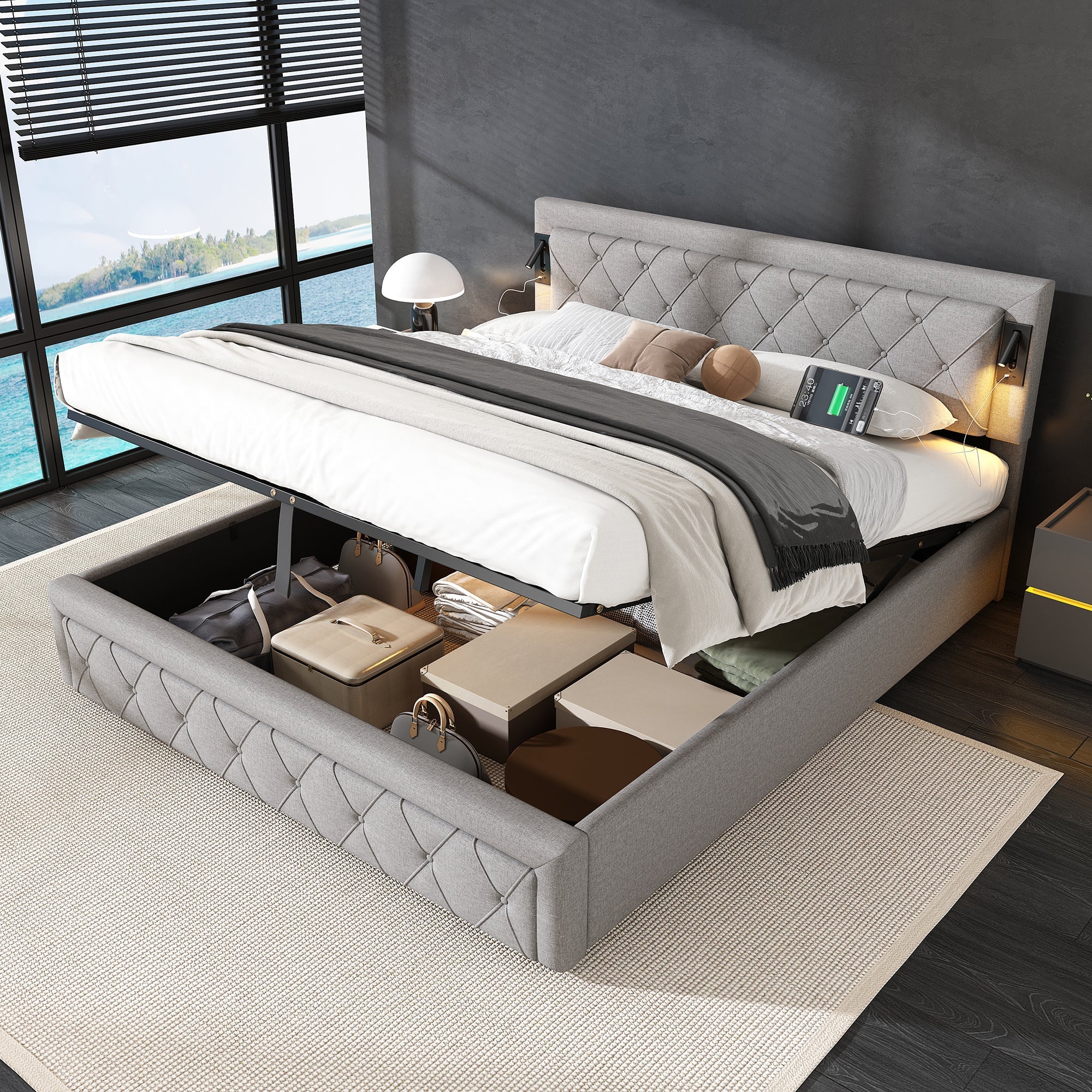 Logidon gestoffeerd bed 180x200 grijs linnen met inbouwspot en USB