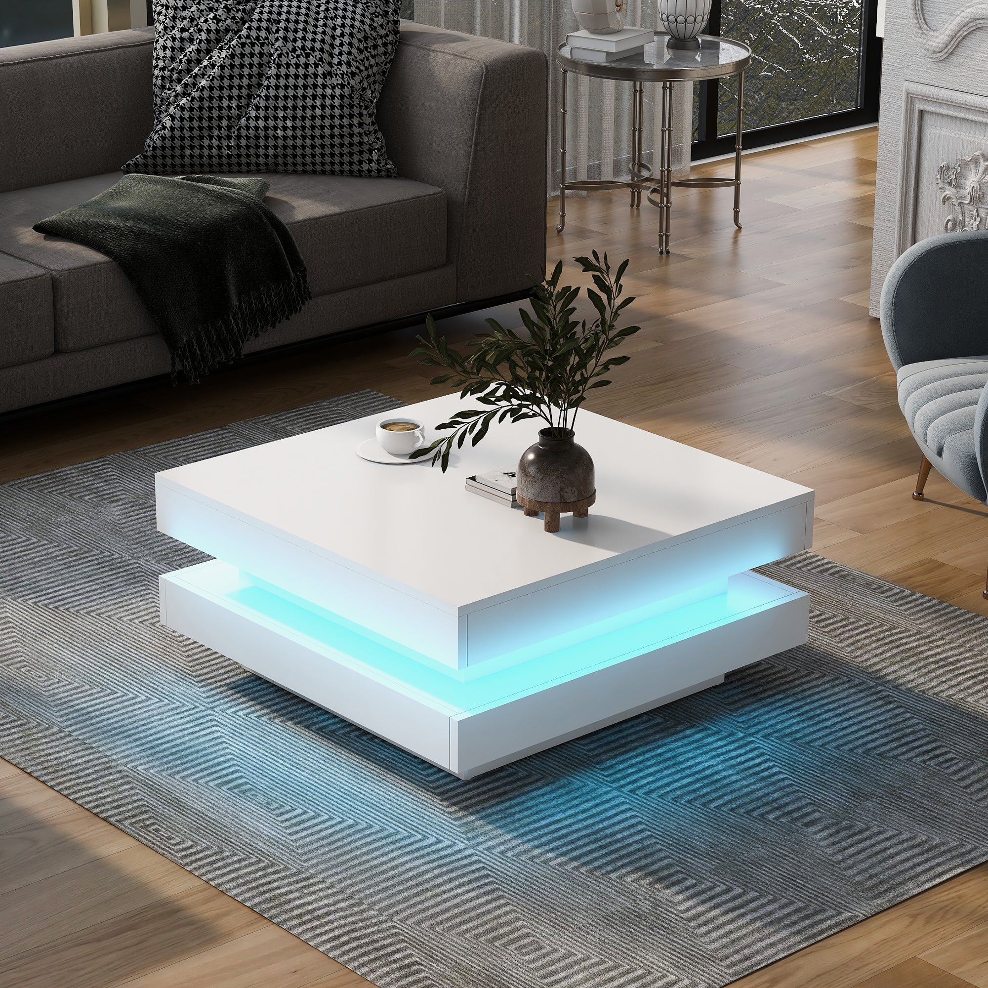 Logidon witte hoogglans salontafel 70x70x36 cm met draaiplaat en 16-kleuren LED