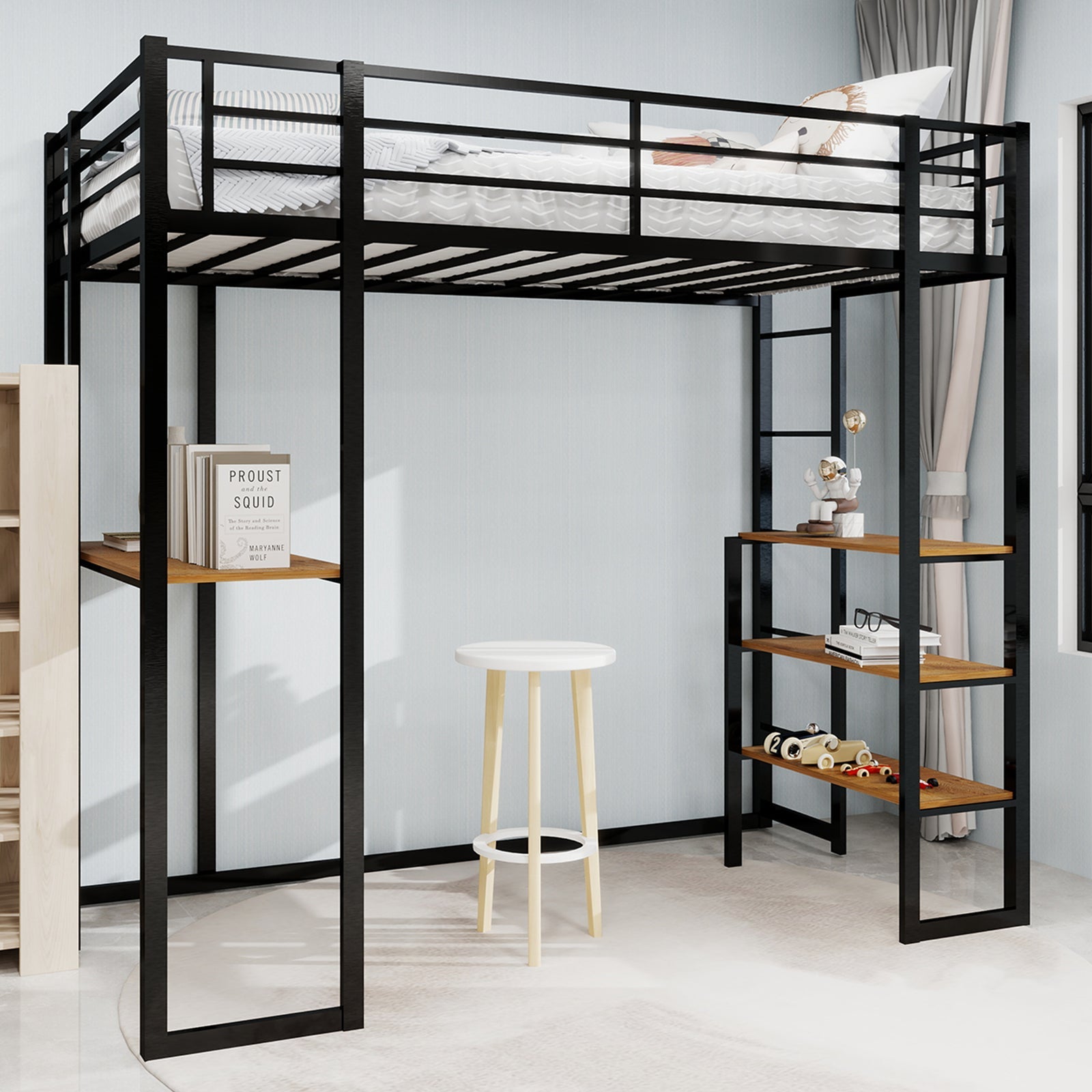 Logidon ijzeren framebed met L-bureau en trap zwart