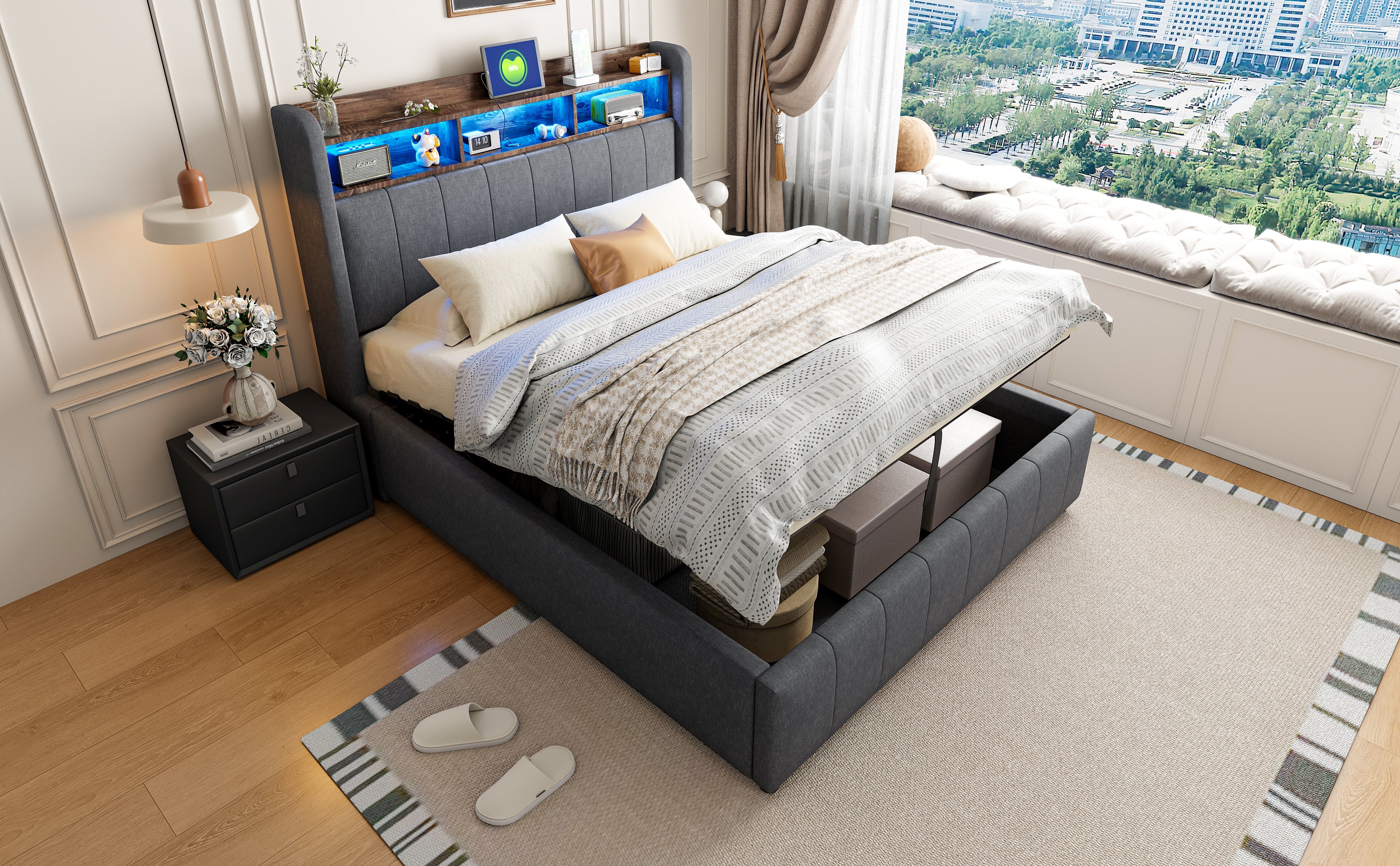 Logidon gestoffeerd bed 140x200 cm grijs met LED verlichting USB opbergruimte