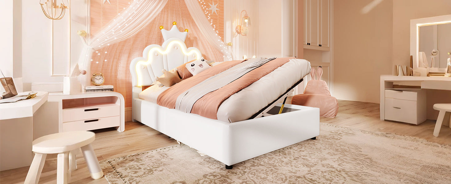 Logidon prinsessenbed 90x200 cm wit kunstleer LED-verlichting