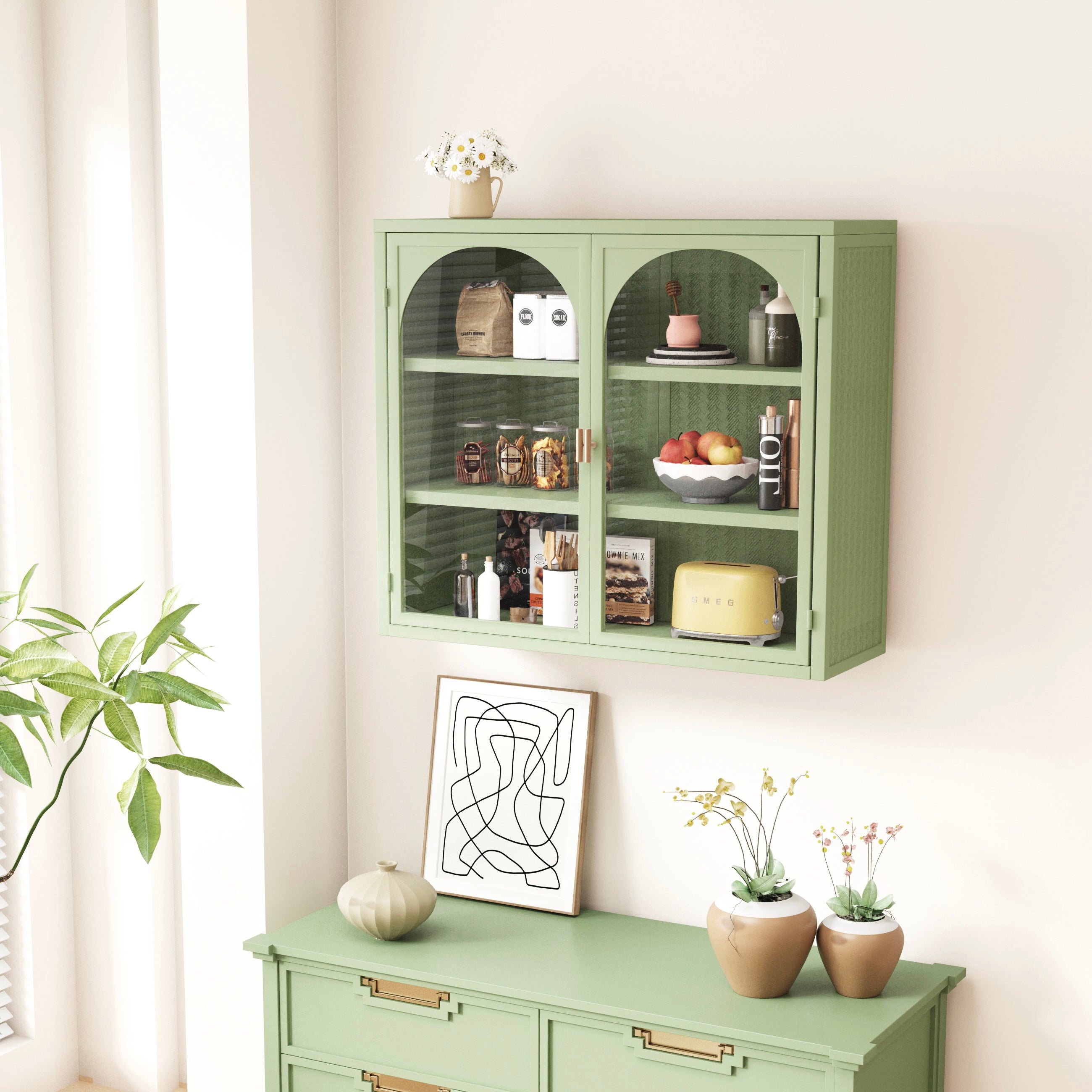 Logidon wanddoos 70 cm groene glazen deuren met drie opbergniveaus