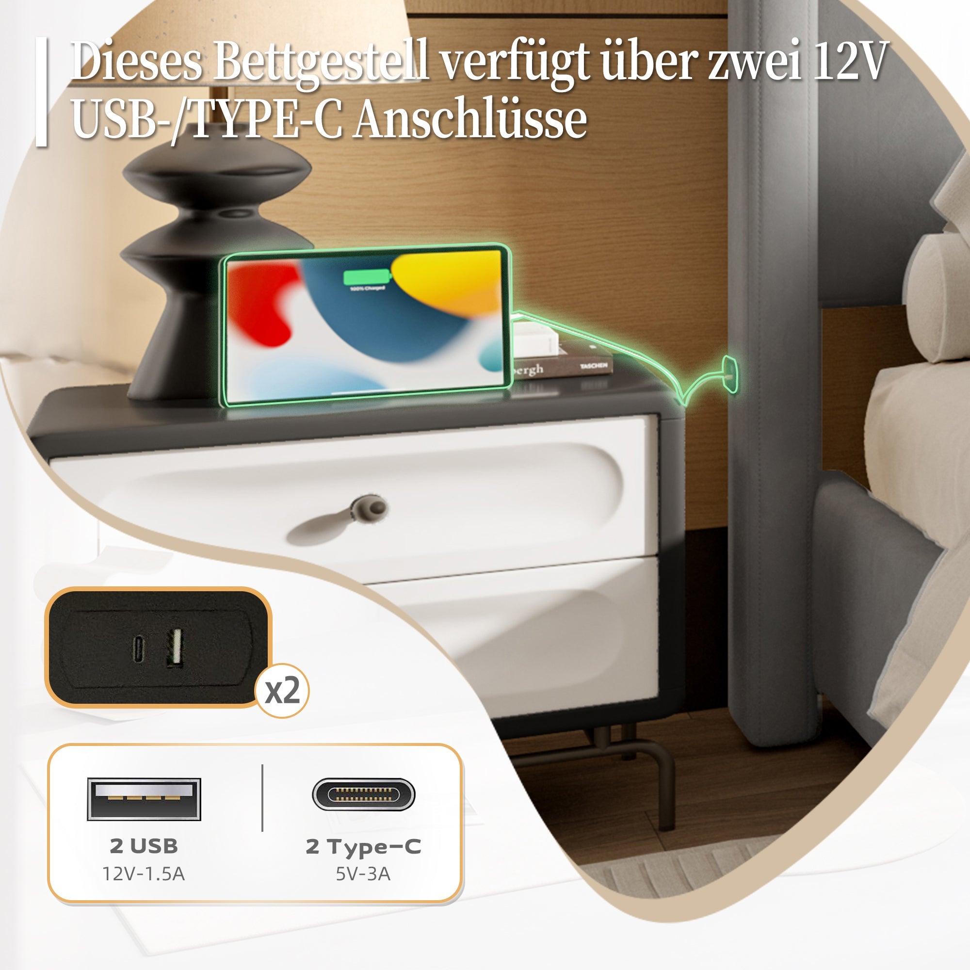 Logidon gestoffeerd bedframe 140x200 cm grijs met USB aansluiting